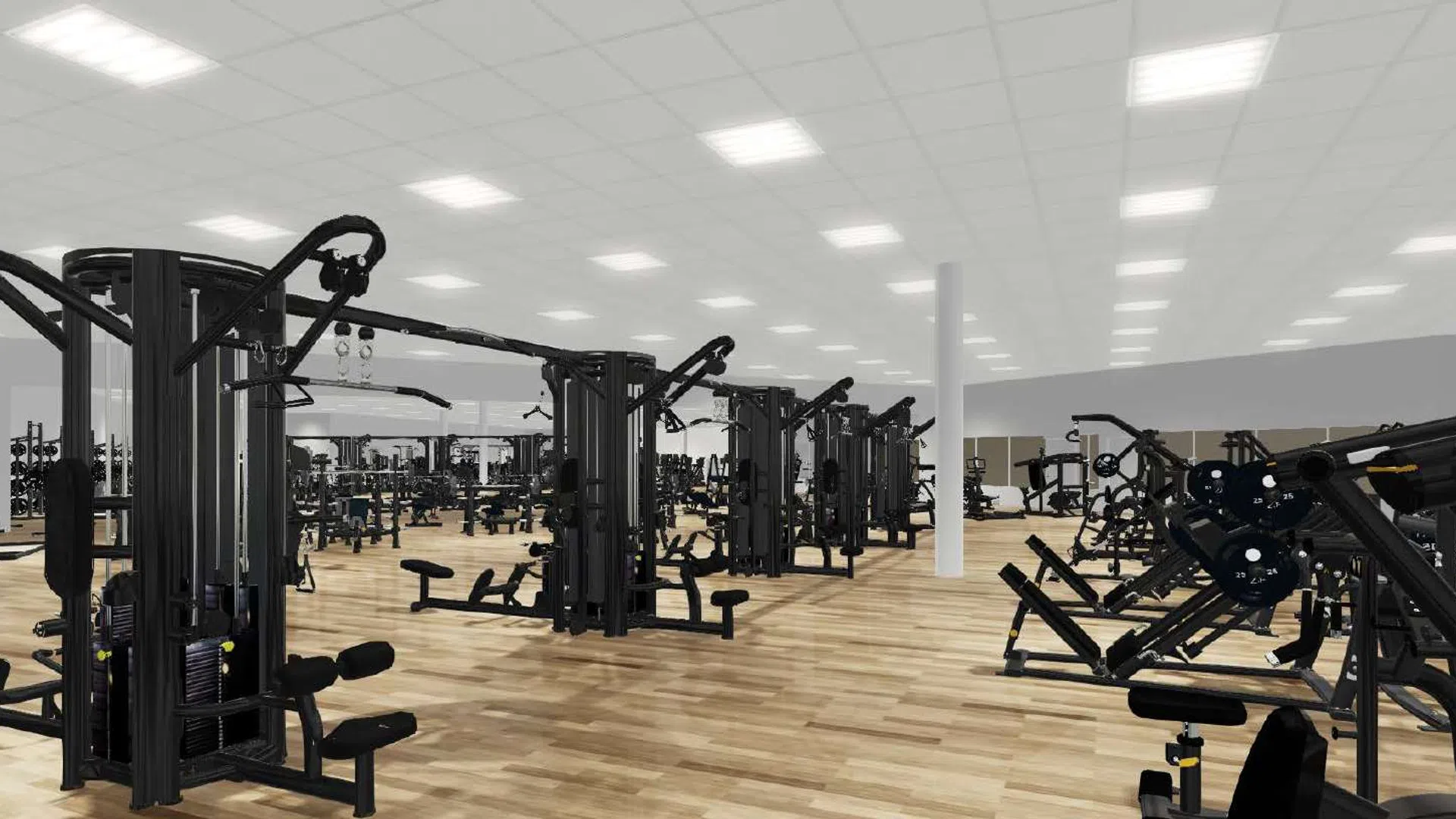 Spacious modern gym with multiple black strength training machines on wooden floors and bright ceiling lights