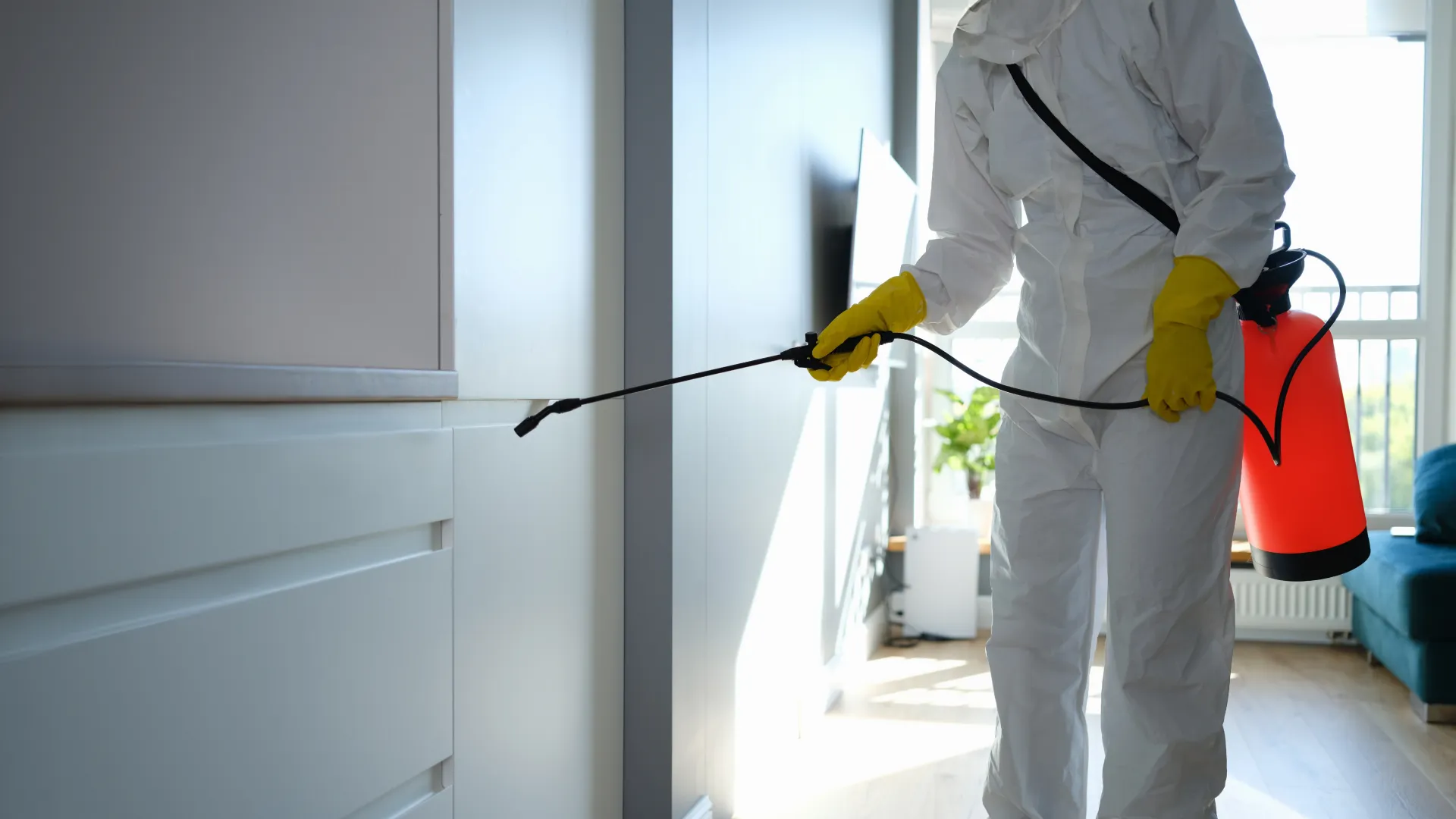 Person in protective suit spraying disinfectant inside a modern home for sanitation and pest control.