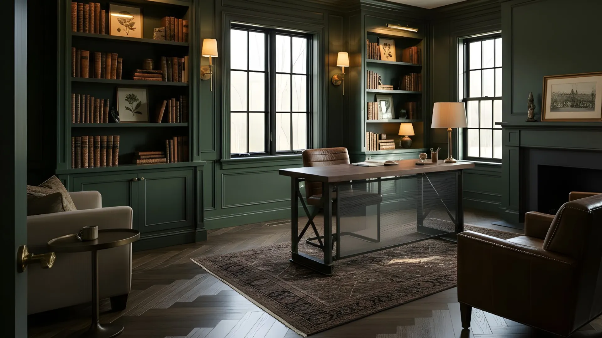 Elegant dark green study room with wooden desk, leather chairs, fireplace, built-in bookshelves, and soft natural lighting.
