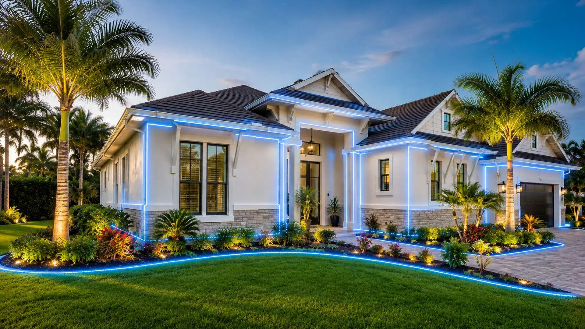 Modern white house with blue LED lighting outlining roof and landscaping, surrounded by palm trees at dusk.