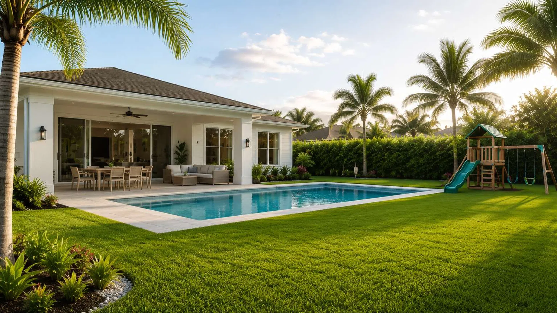 Modern backyard with a swimming pool, patio furniture, palm trees, and a children's playset at sunset.