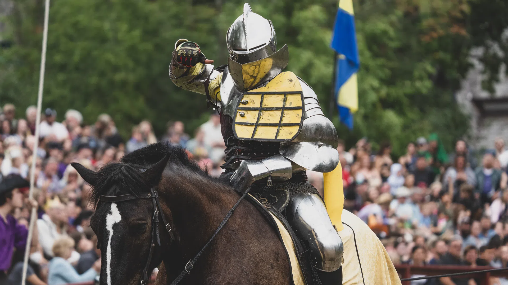 Armored knight on horseback raising sword during medieval reenactment with crowd and flags in background