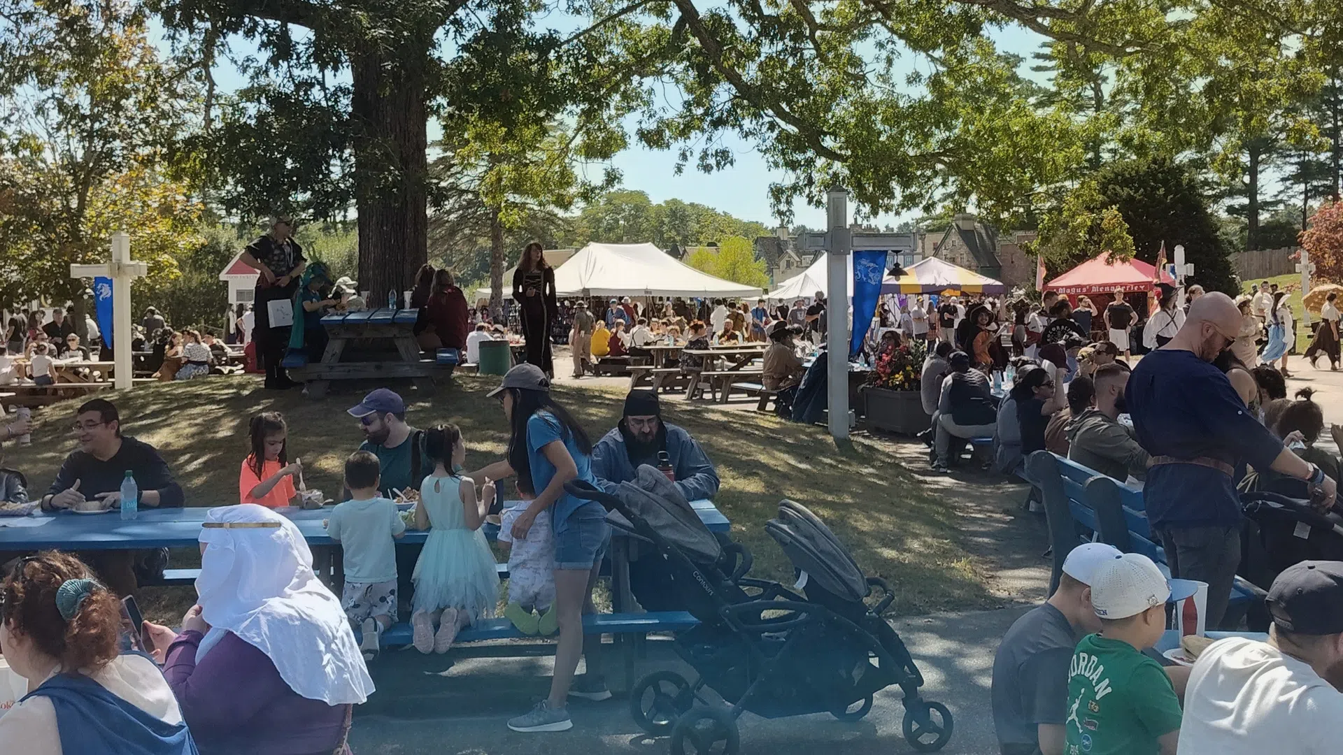 Crowd enjoying outdoor festival with tents, picnic tables, and large tree providing shade on a sunny day.