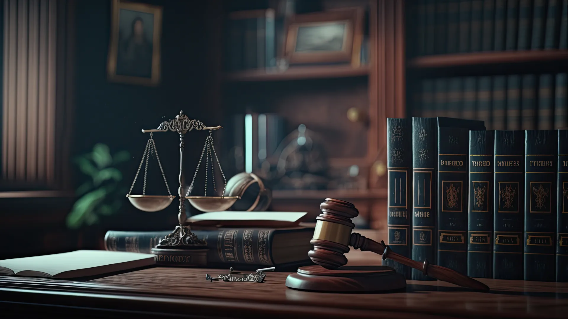 a gavel and books on a table