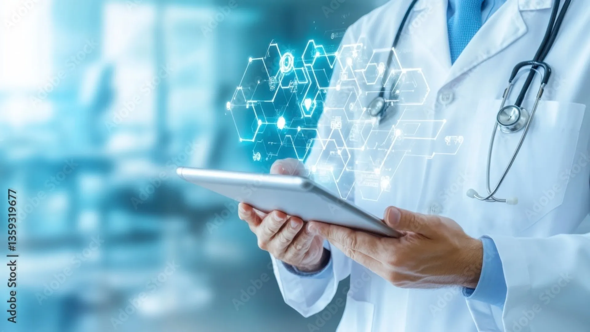 Doctor in white coat using digital tablet with futuristic medical technology interface in healthcare setting