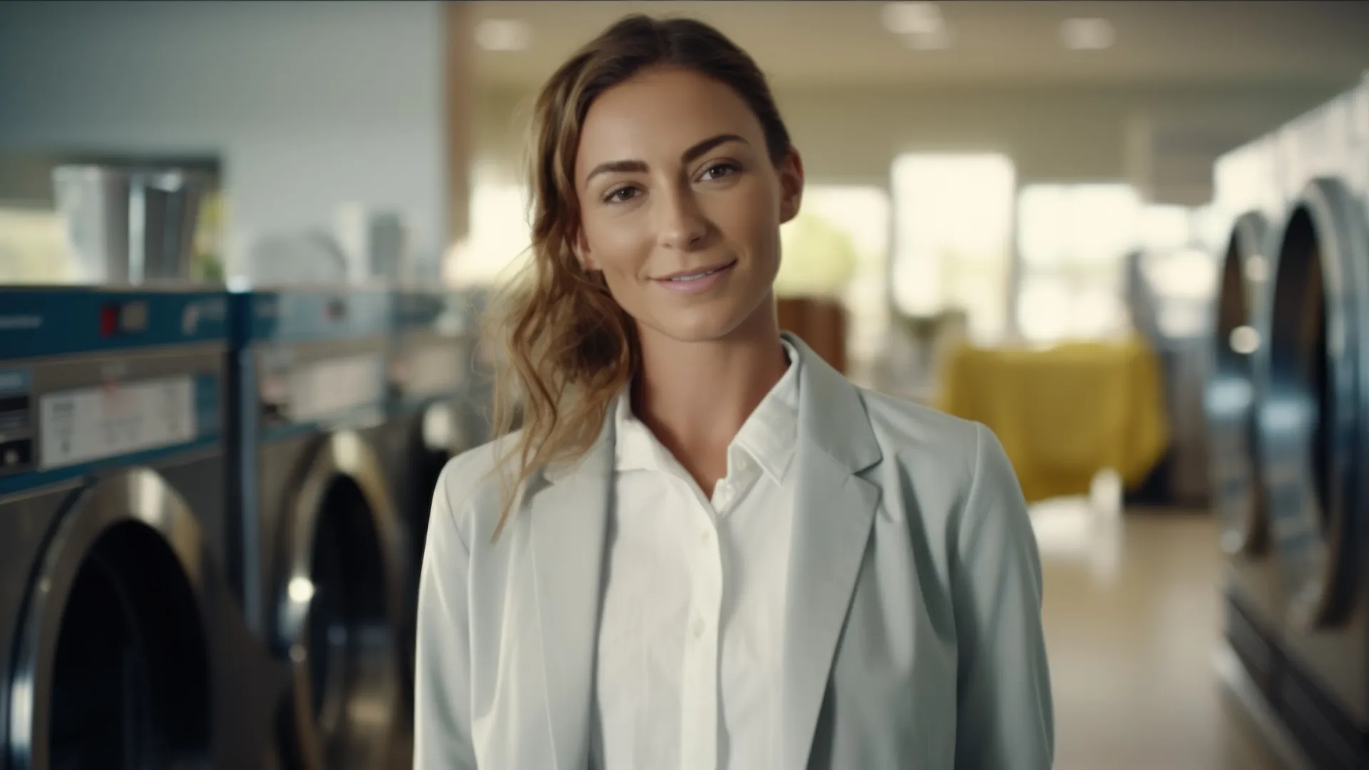 Confident woman in white shirt and blazer standing in modern laundromat with washing machines.