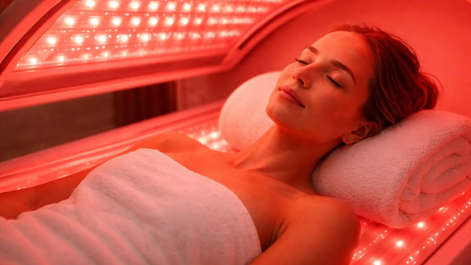 Relaxed woman enjoys red light therapy session lying on towel under LED panels in spa.