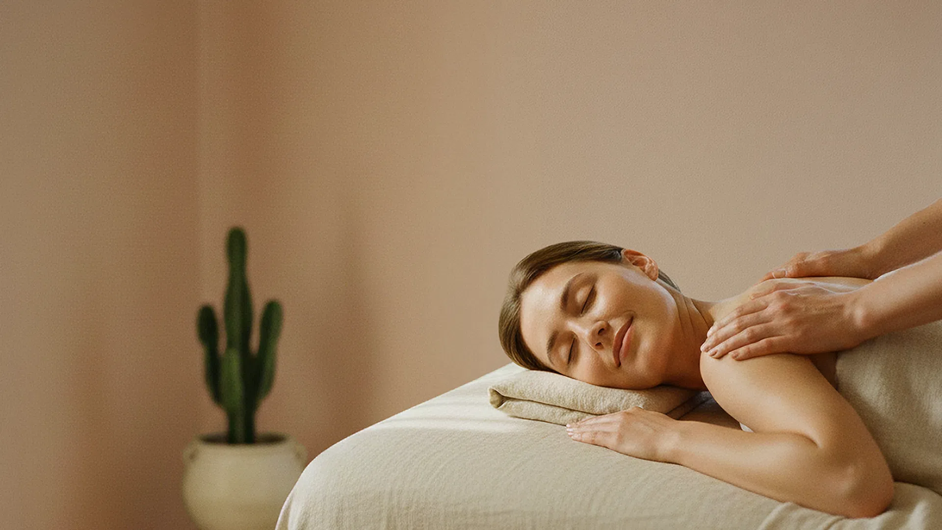 Woman relaxing with eyes closed receiving shoulder massage in a calm spa setting with a cactus plant in the background