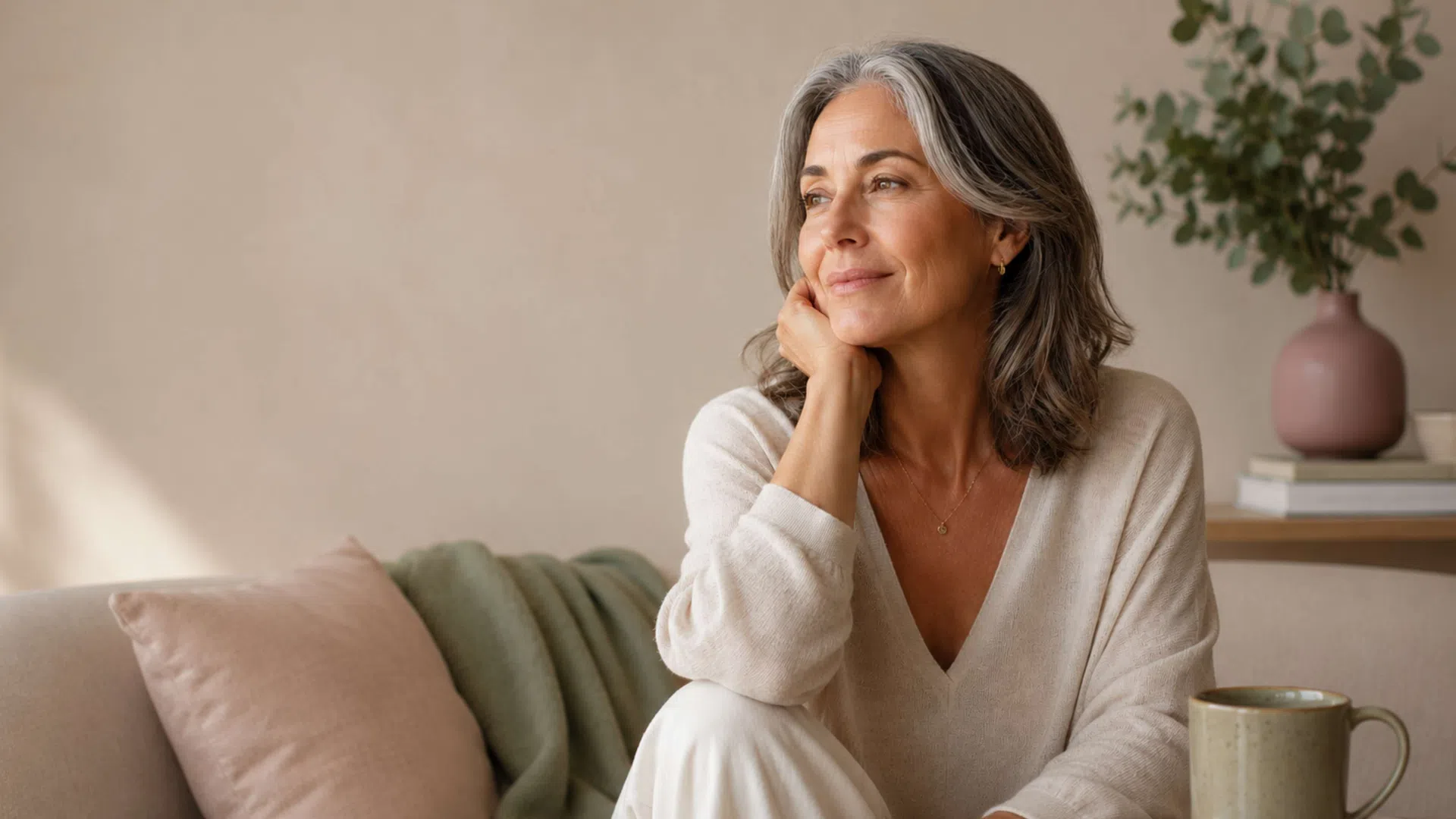 Mature woman with gray hair sitting on couch, smiling thoughtfully, with coffee cup and plant in background.