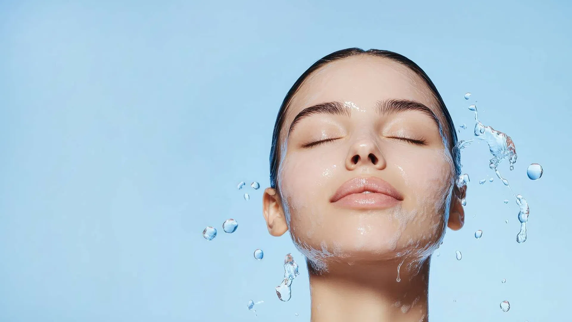 Close-up of a serene woman with water splashing on her face against a light blue background.