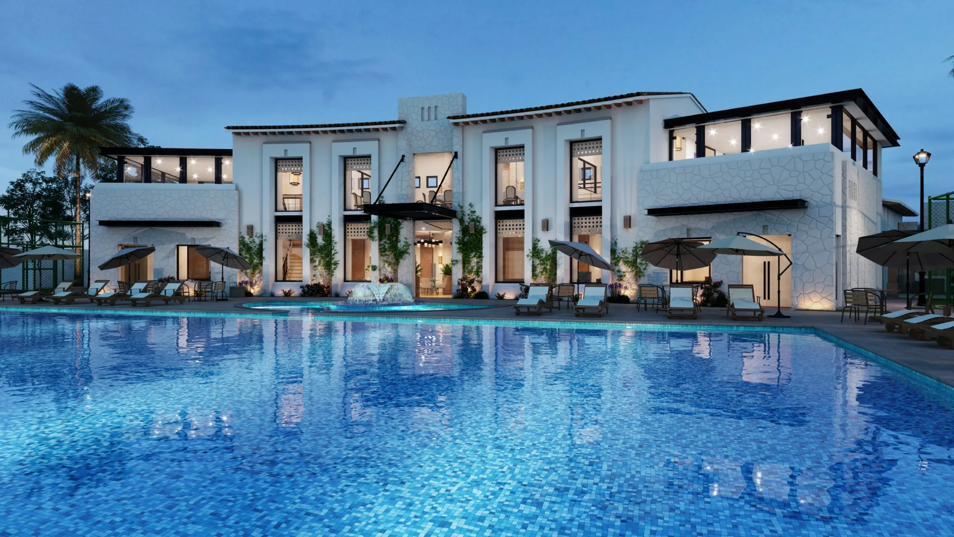 Modern luxury villa at dusk with illuminated large swimming pool, lounge chairs, and palm tree in background.