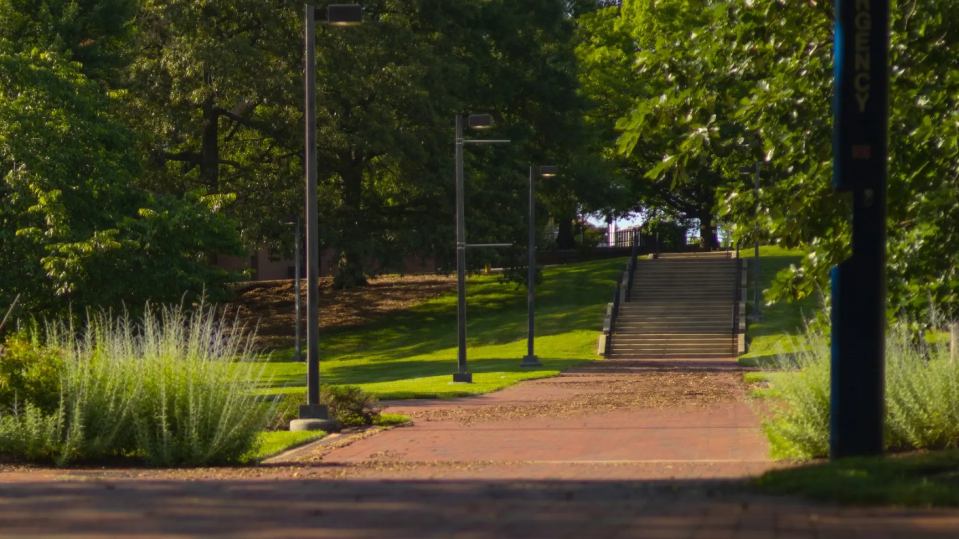 Brick pathway leads through green park with trees, shrubs, lampposts, and stairs in the background on a sunny day.
