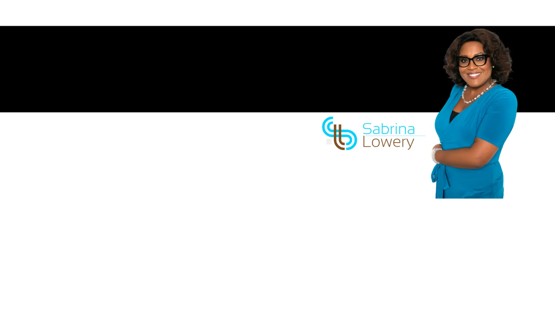 Professional woman in blue dress with glasses and pearl necklace stands smiling next to Sabrina Lowery logo.