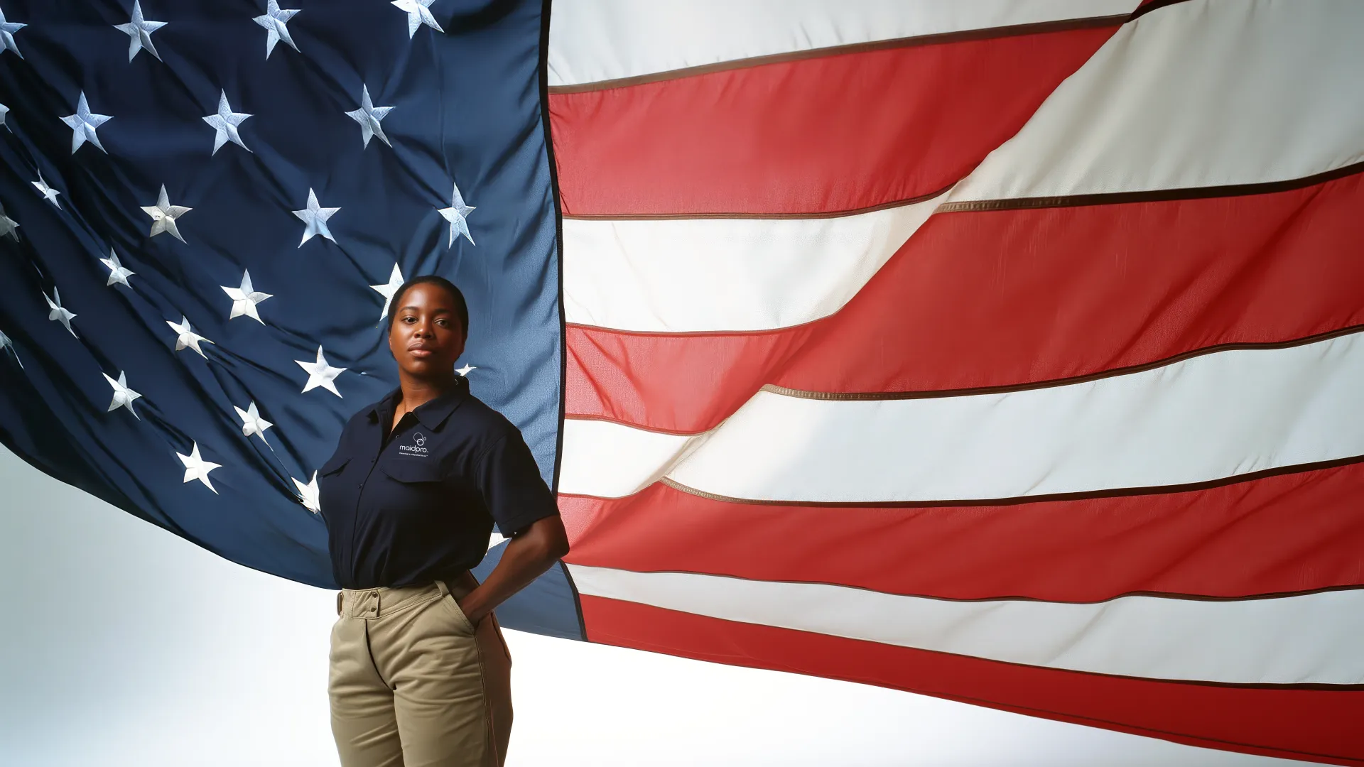 a man standing in front of a flag