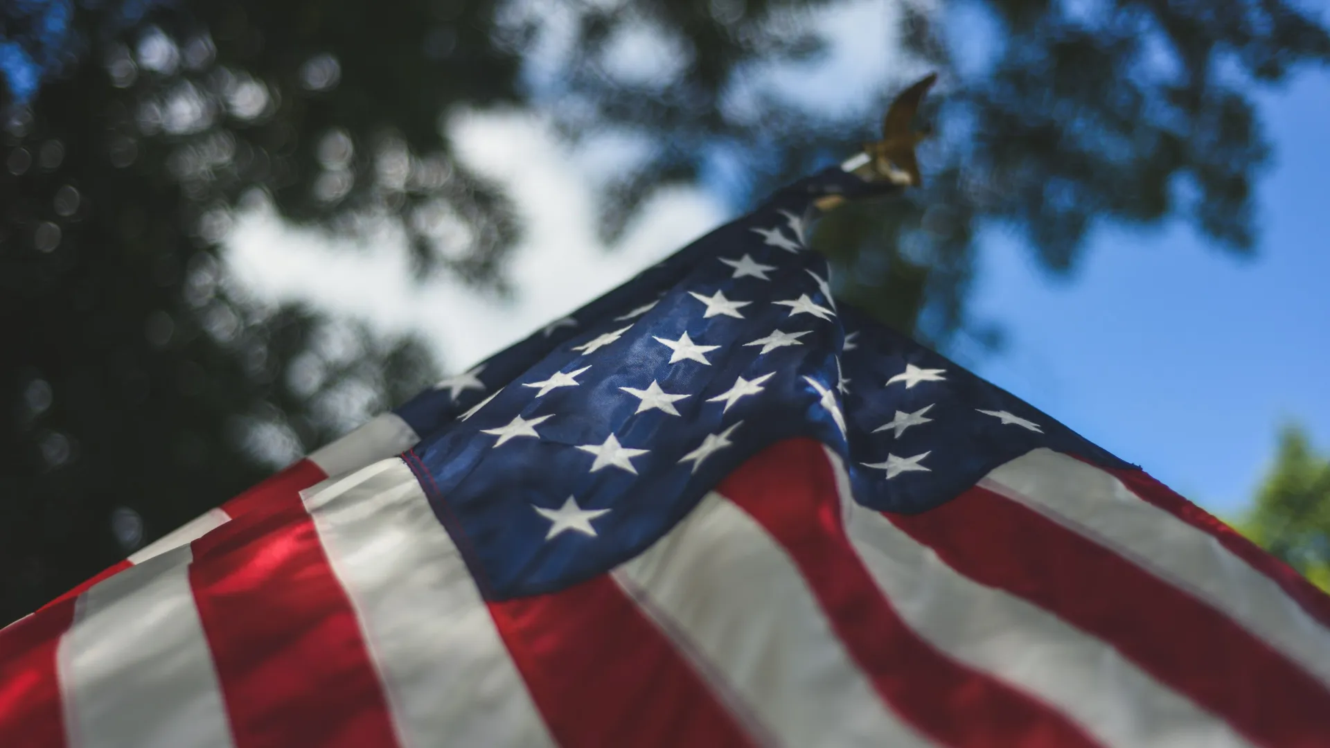 Close-up of American flag with stars and stripes waving against a blue sky and tree background