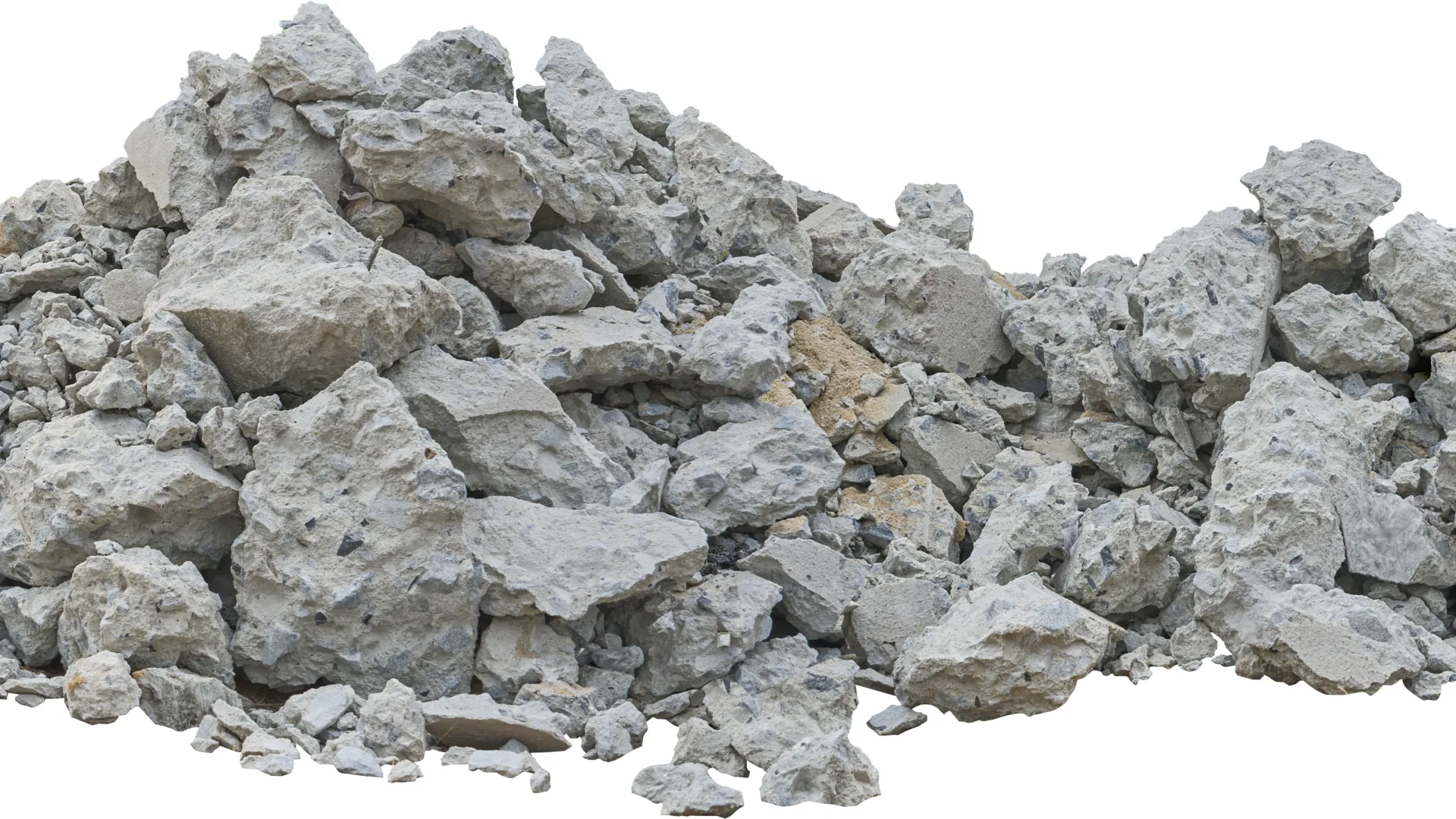 Large pile of gray crushed rocks and rubble isolated on white background.
