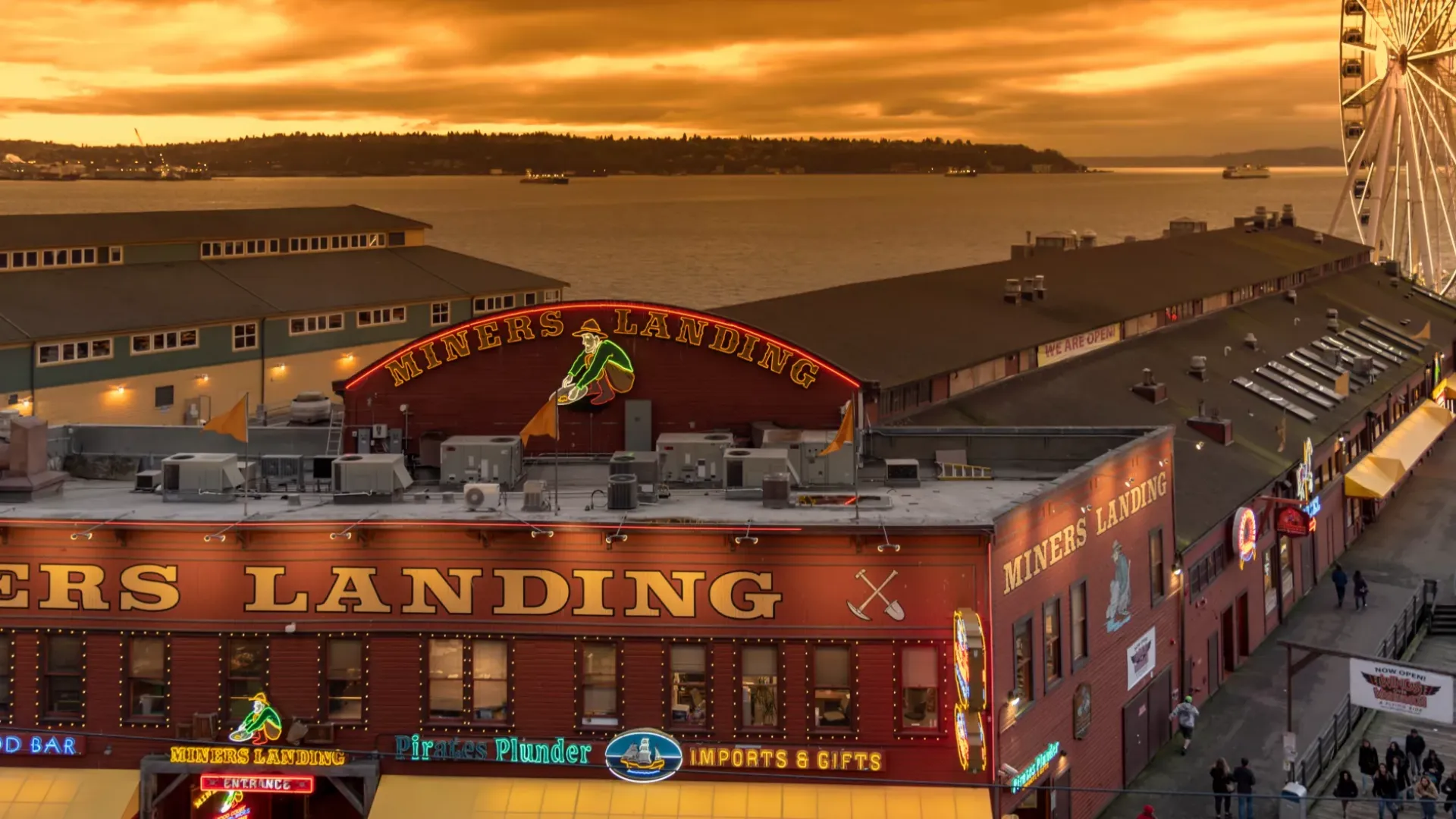 miners landing pier 57 seattle drone photo