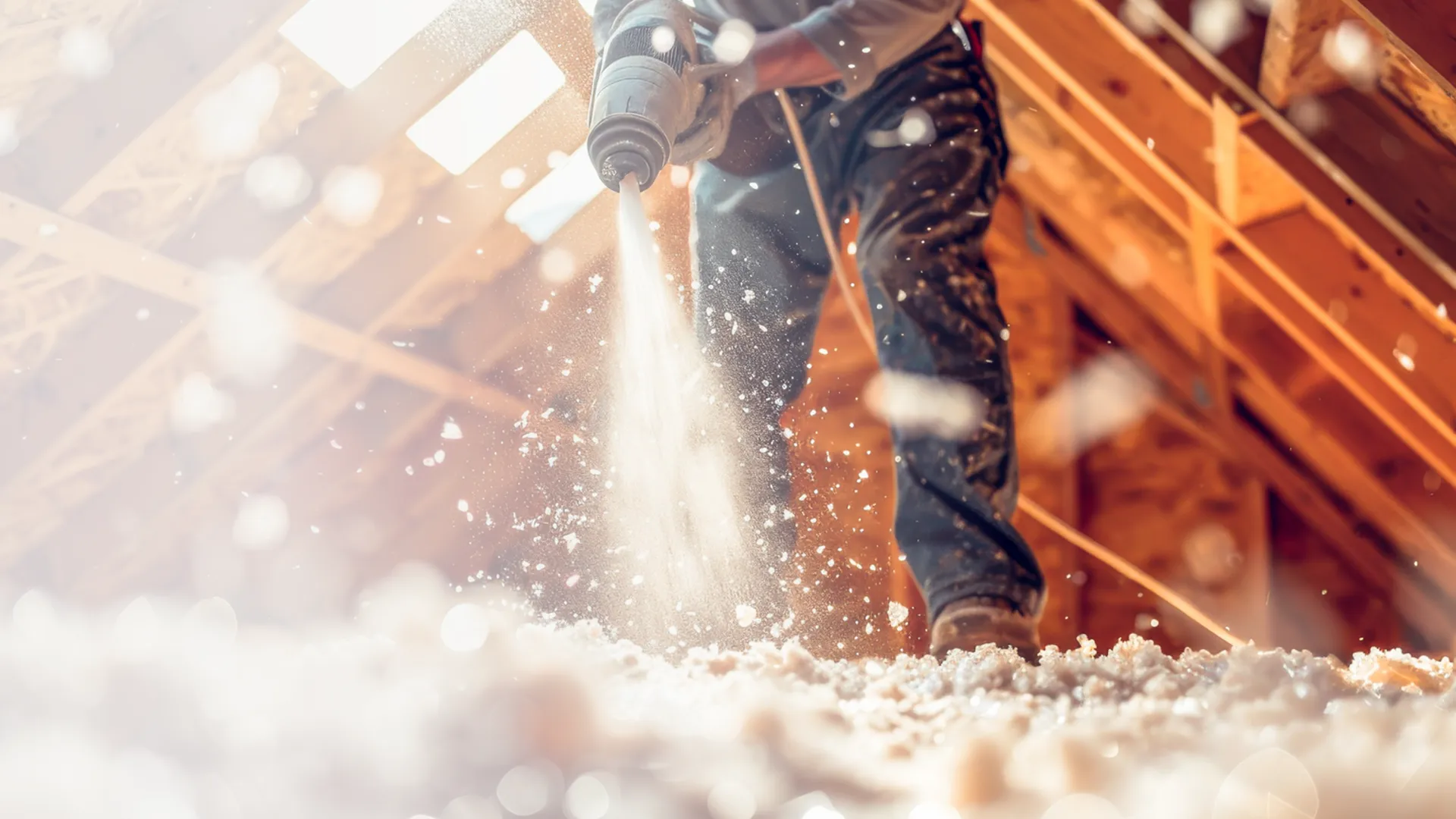 Worker installing blown-in insulation in attic with power tool, sunlight streaming through roof windows