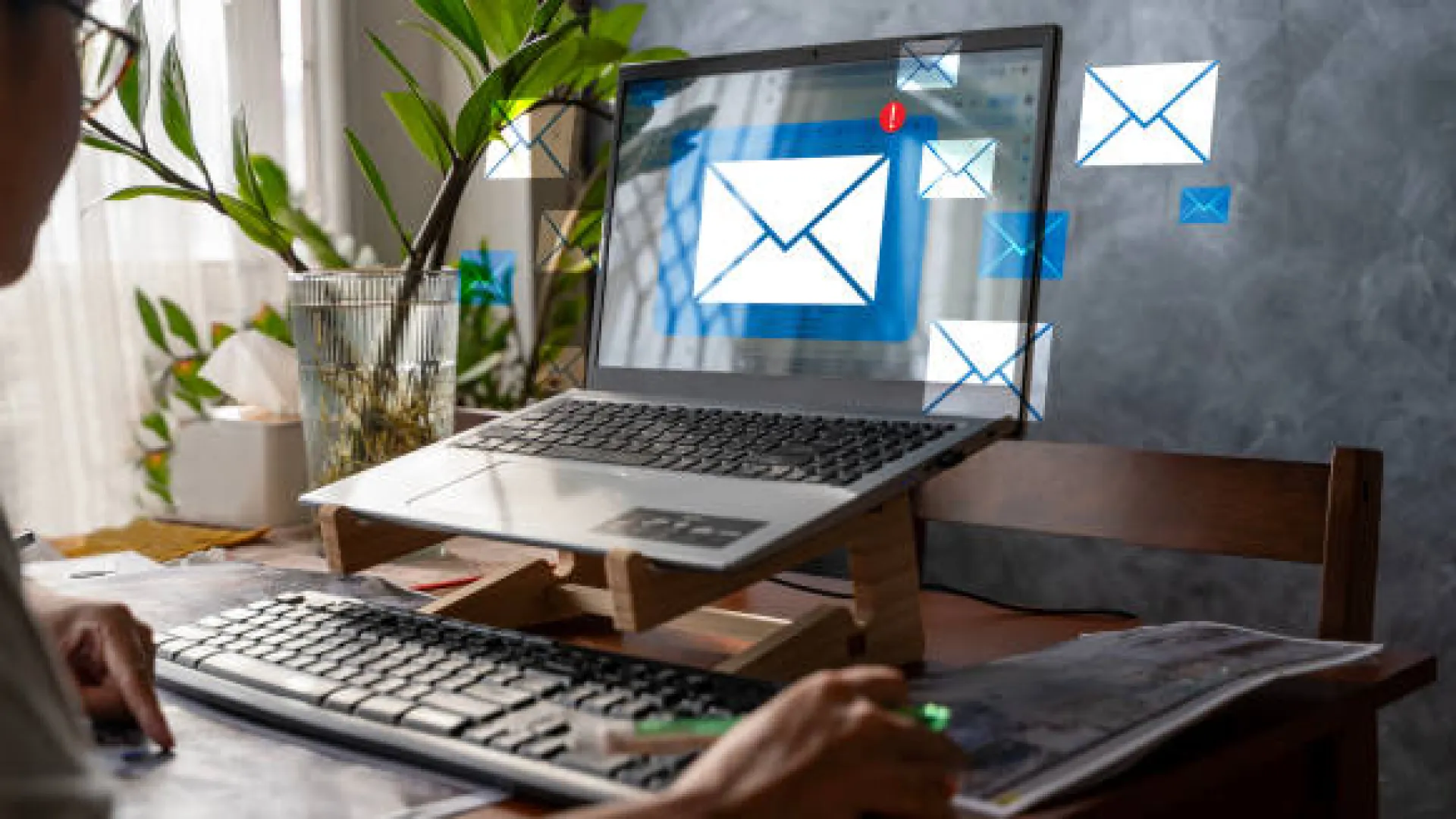 a person sitting at a desk with a laptop and a plant