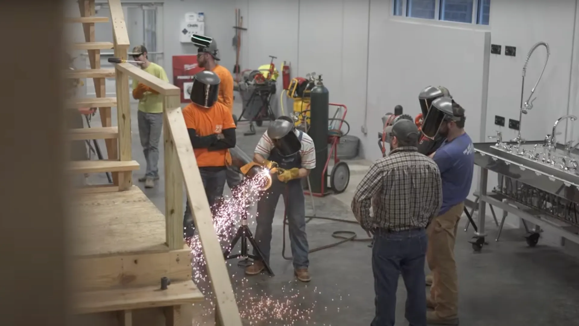 a group of people working on a building