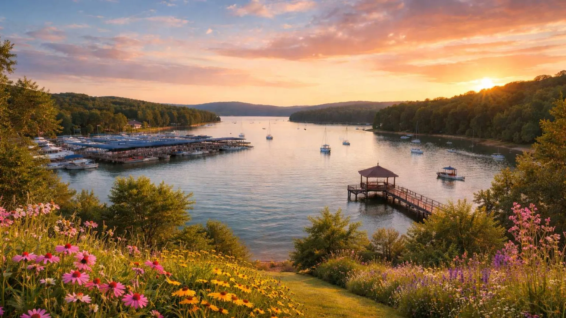 Sunset over Lake Lanier in Flowery Branch Georgia near Meriewther & Tharp Flowery Branch office.