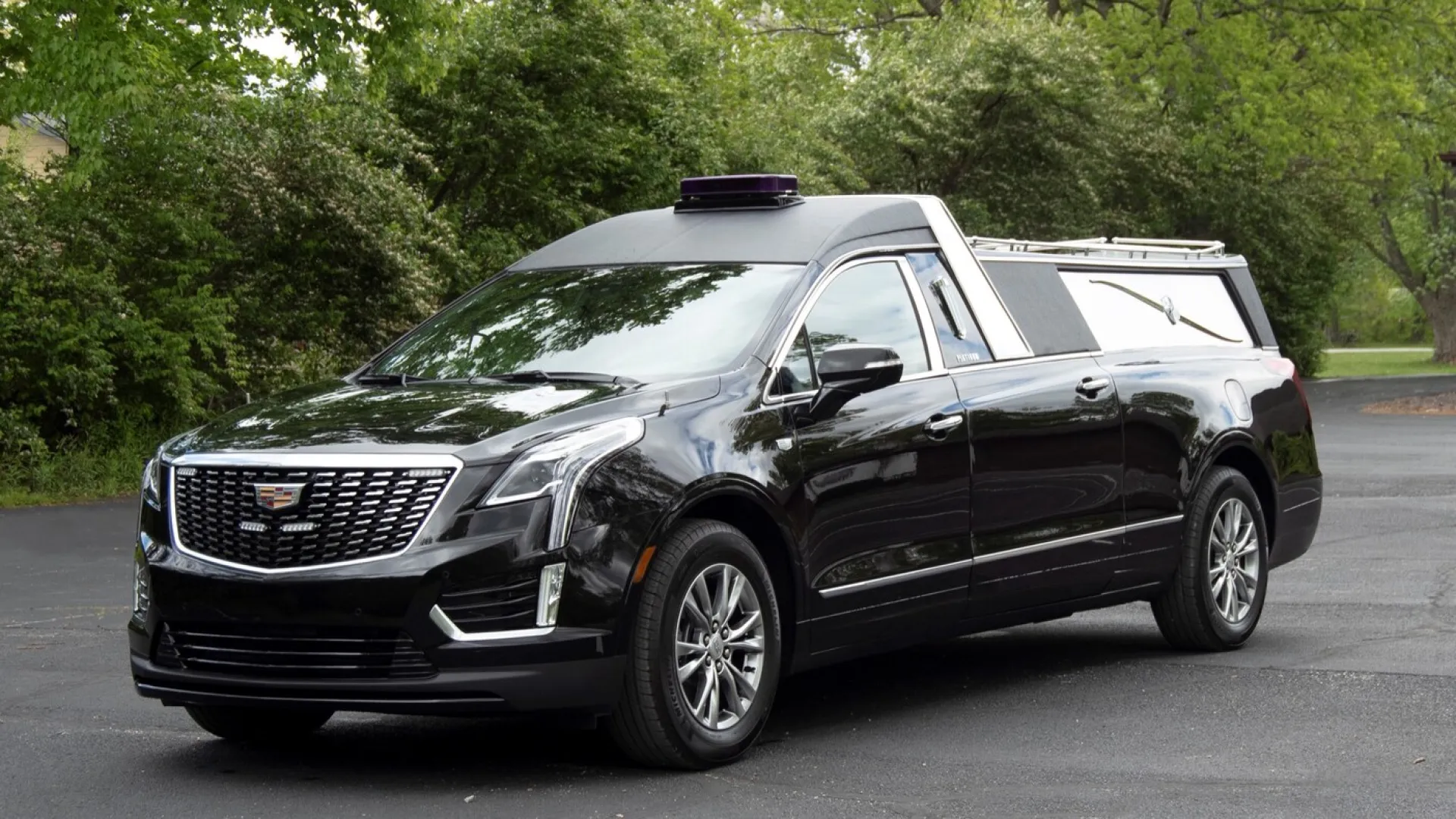 A black Cadillac hearse parked amidst greenery, showcasing its sleek design and spacious rear.