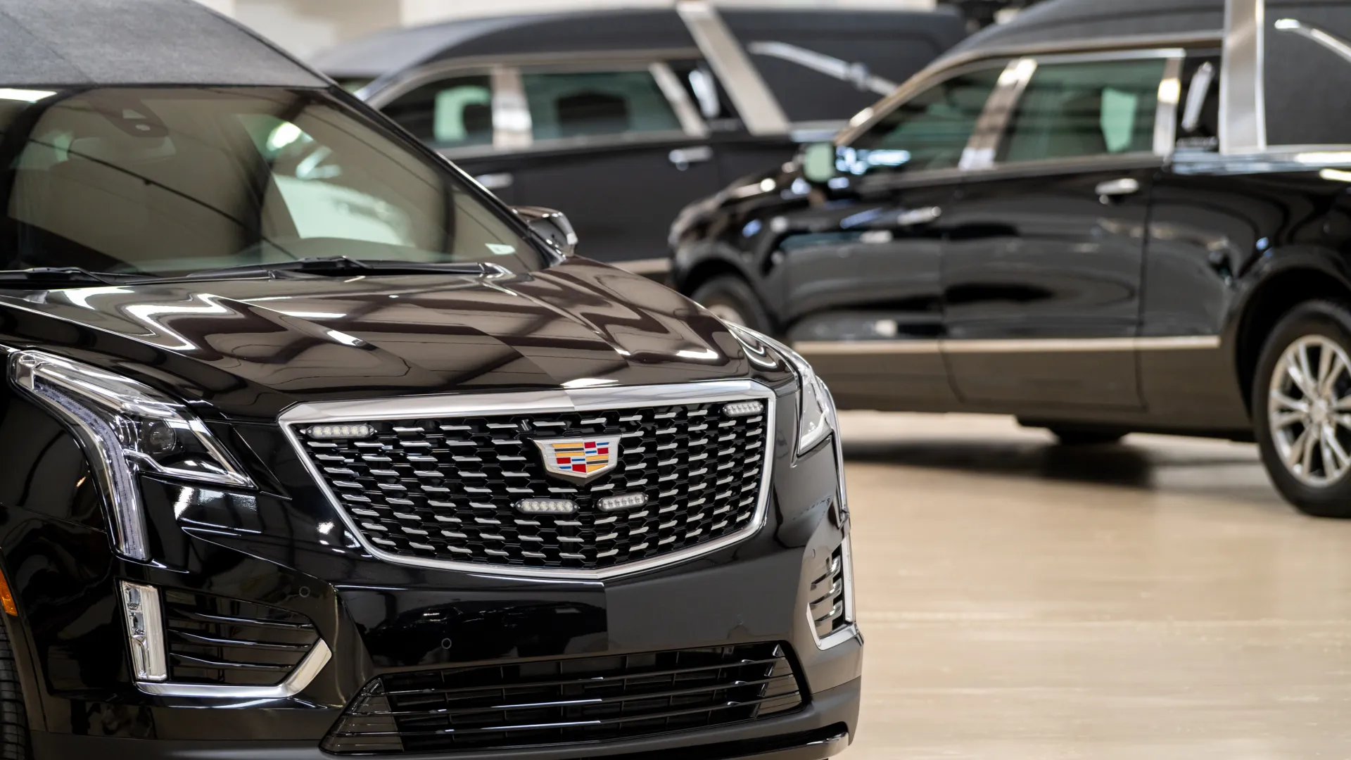 Shiny black Cadillac vehicles displayed indoors with prominent grille and emblem under bright showroom lights