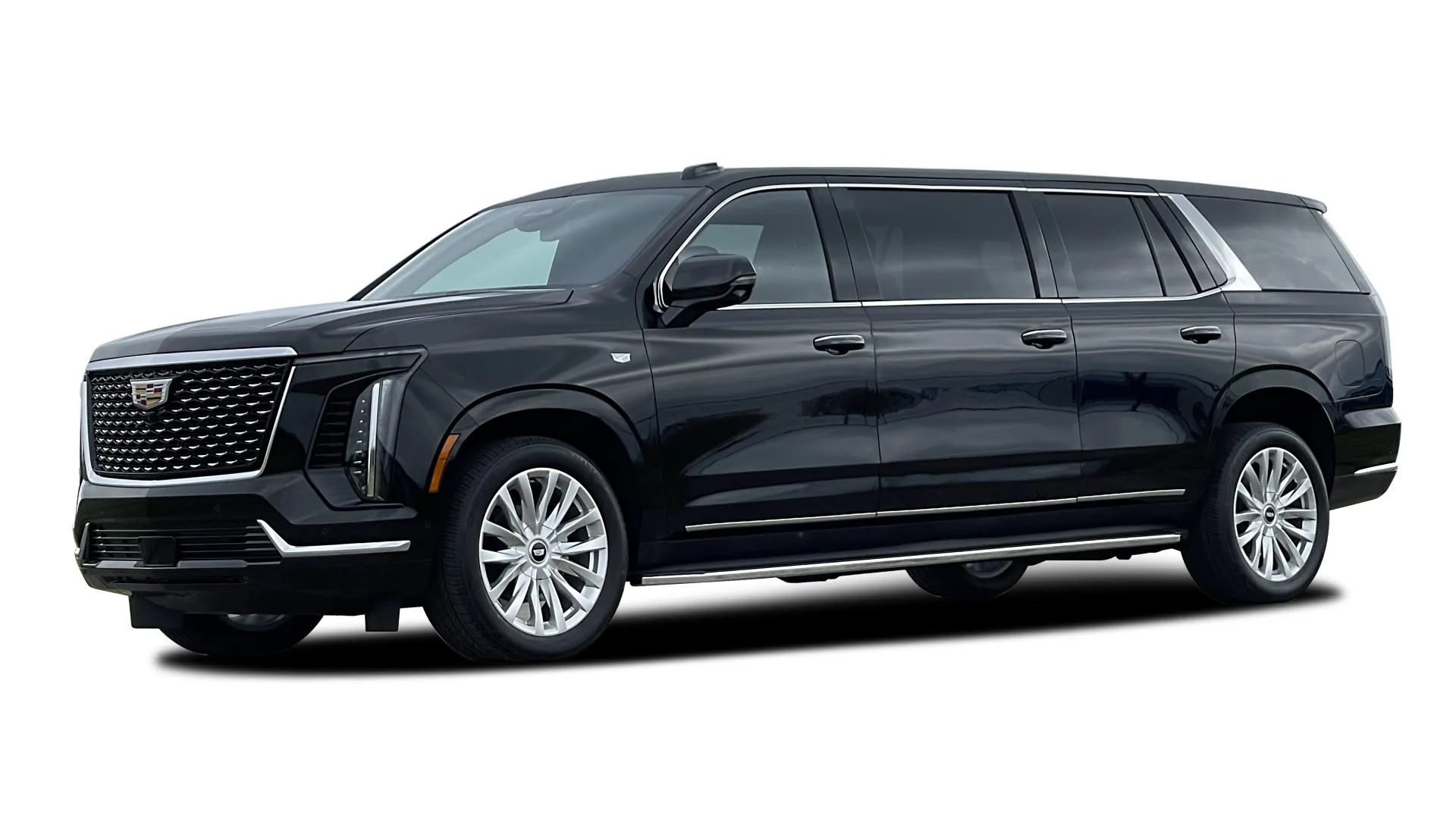 Black luxury Cadillac SUV with sleek design, chrome accents, and large alloy wheels on white background