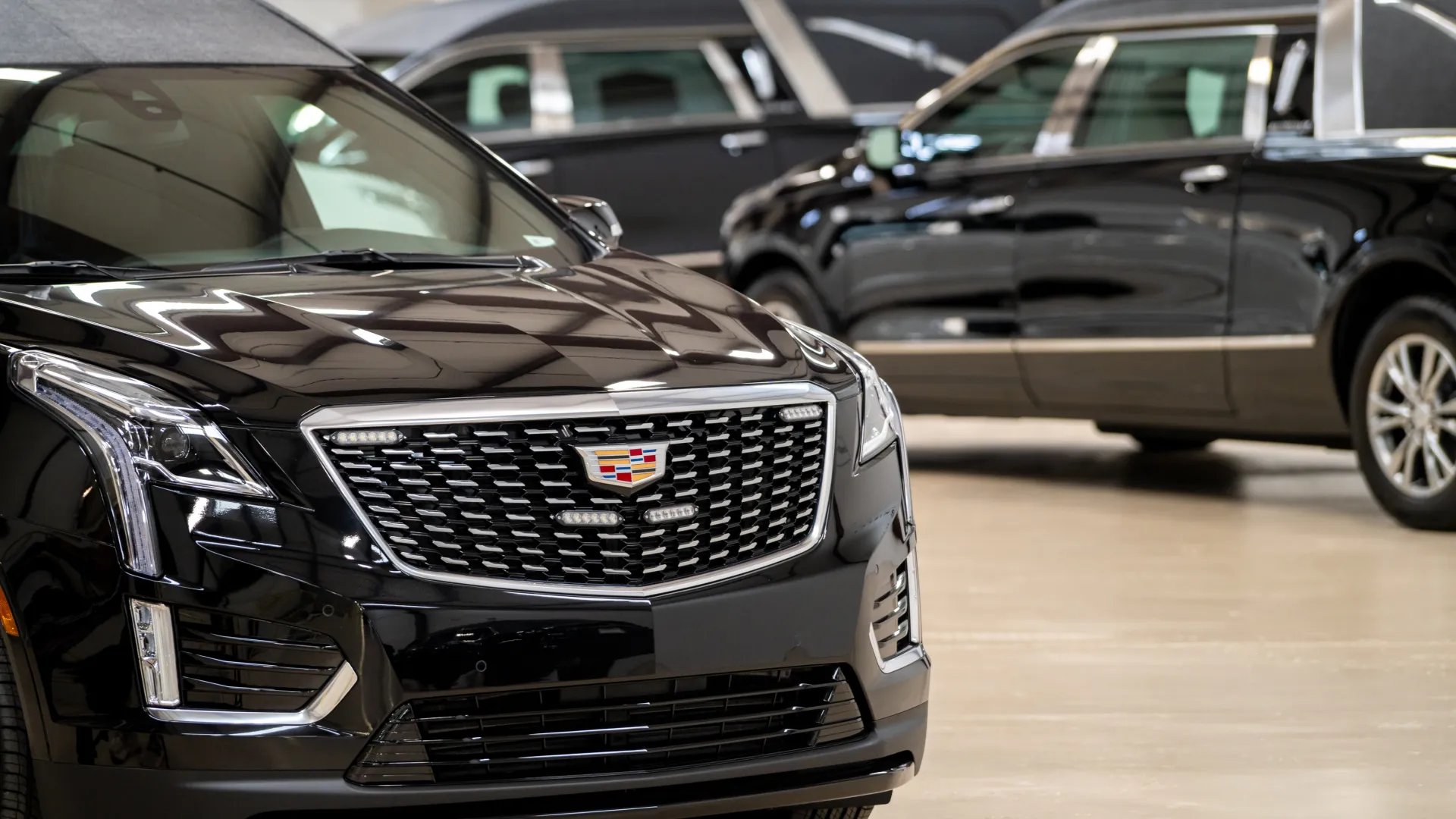 Shiny black Cadillac SUVs displayed indoors showcasing luxury design and distinctive front grille with emblem.