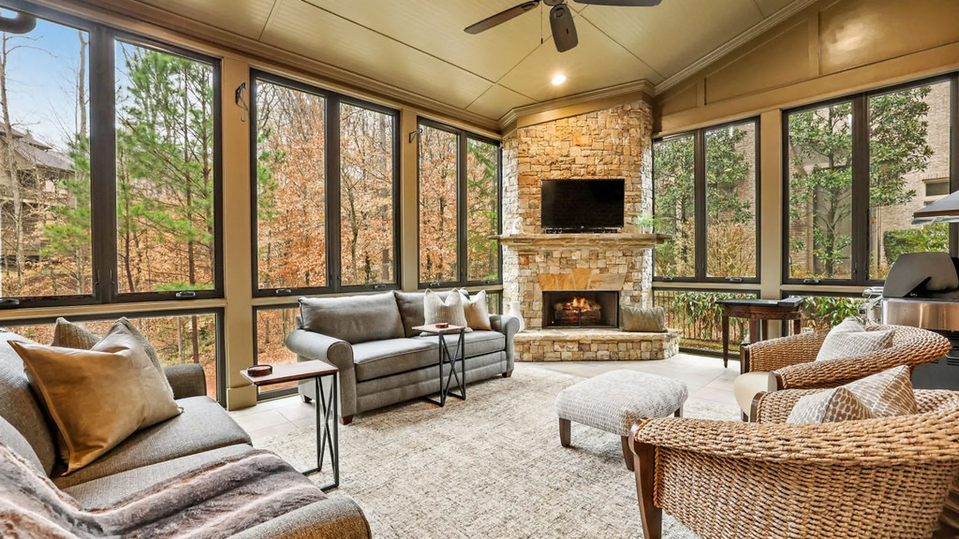 a living room with a fireplace