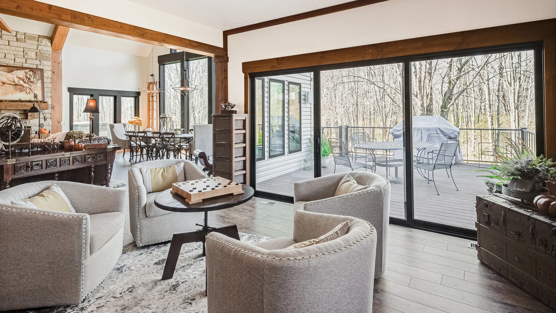 a living room with a large glass door