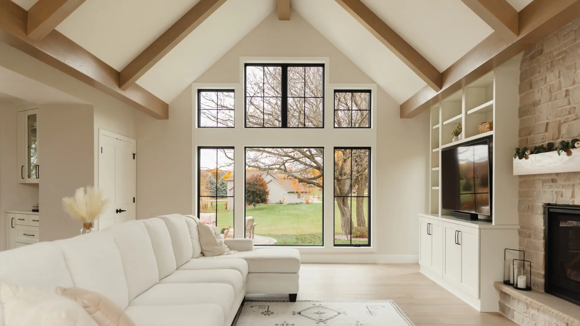 a living room with a fireplace