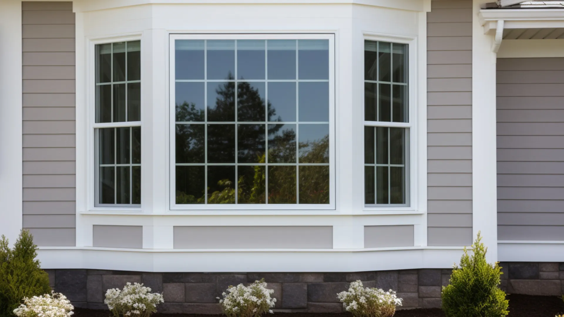 A white fiberglass bay window on a gray home with white trim
