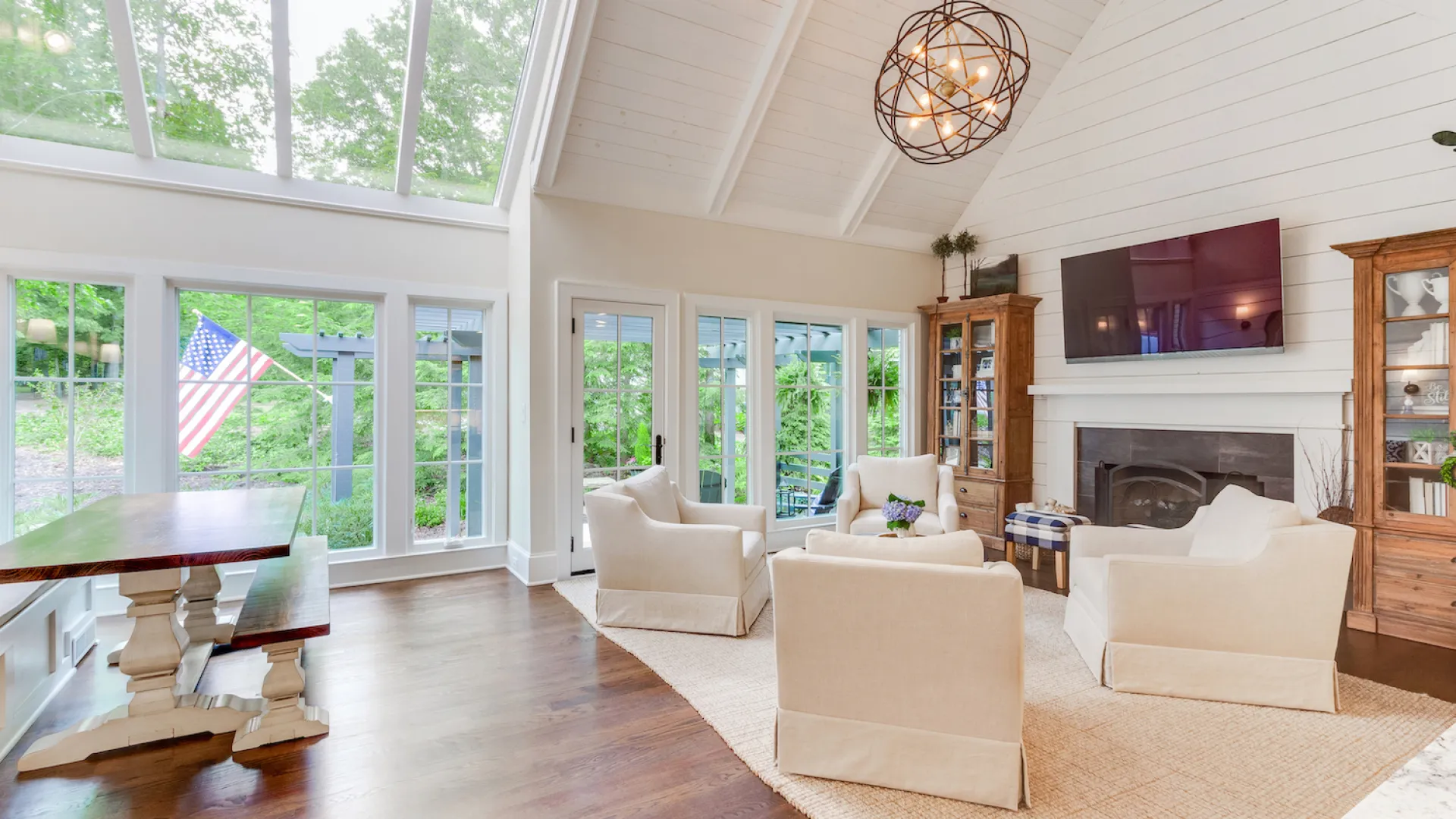 a living room with a fireplace