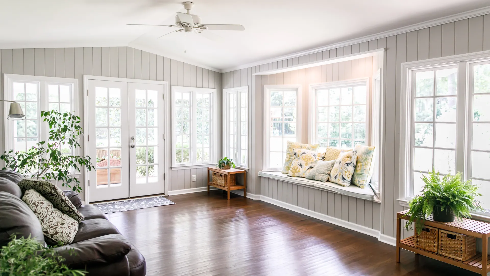 a living room with a wood floor