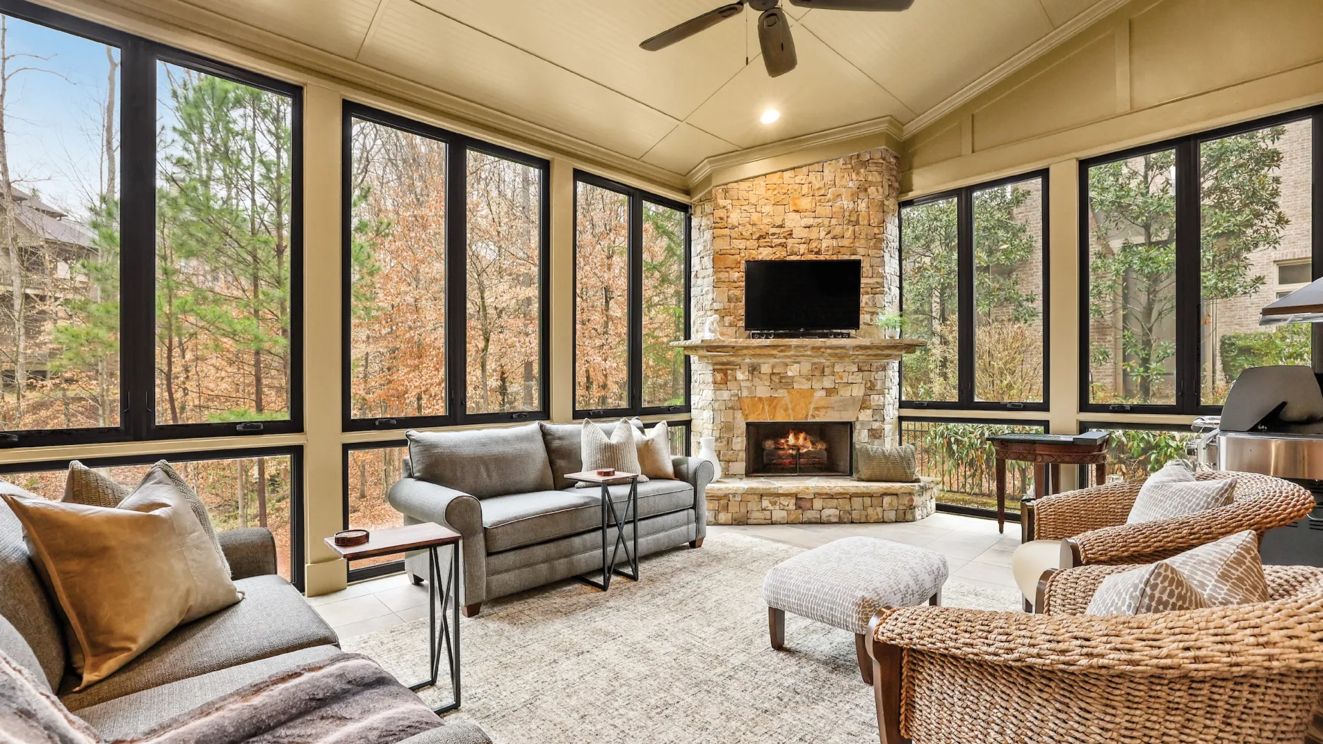 a living room with a fireplace