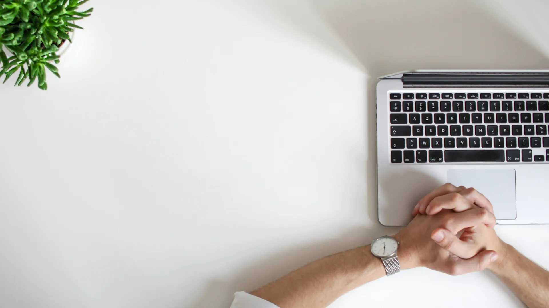 Person with clasped hands next to a laptop and green plant on a white desk workspace