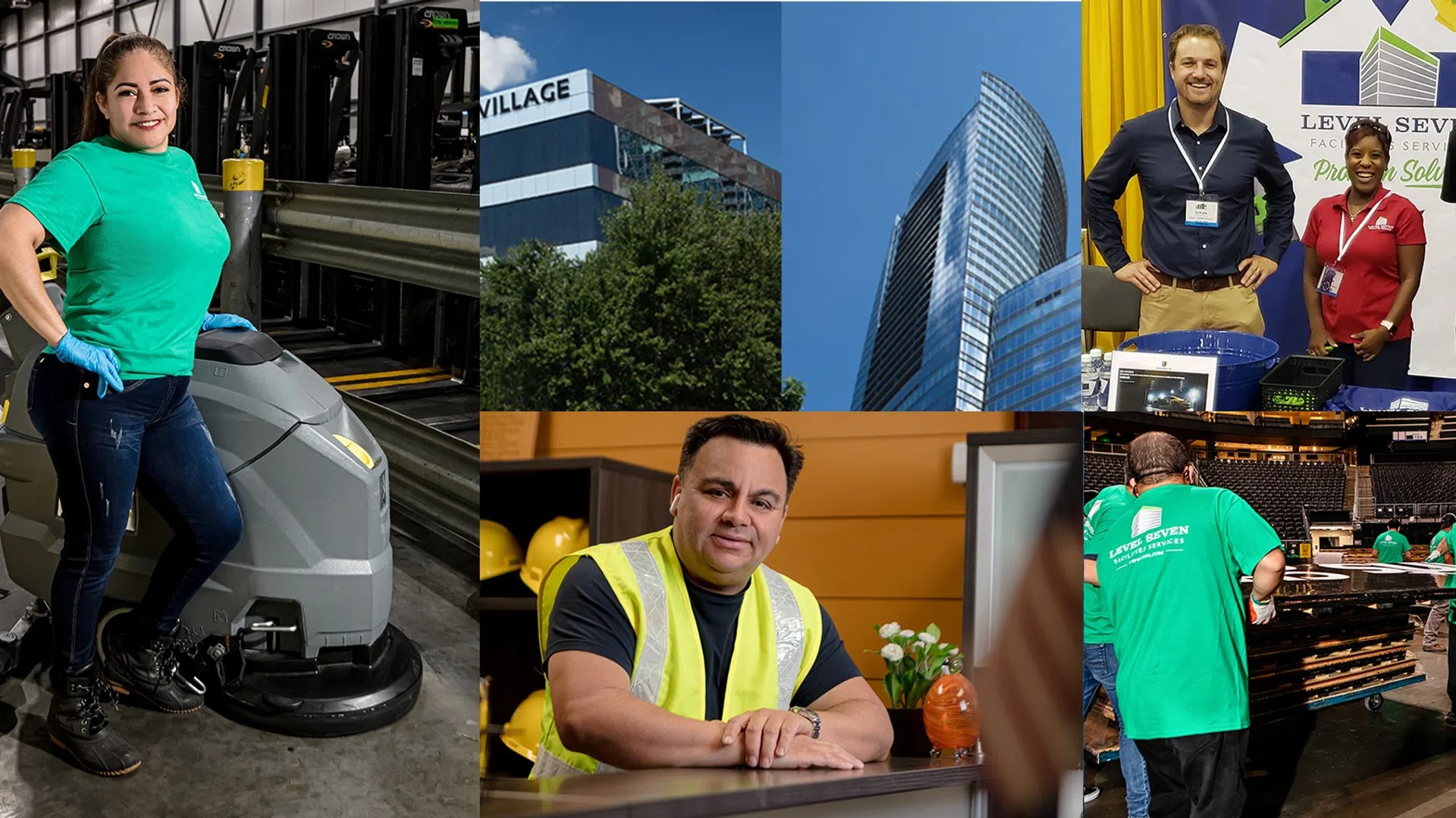 Collage of diverse workers in cleaning, construction, and event industries, featuring equipment, teamwork, and business settings.