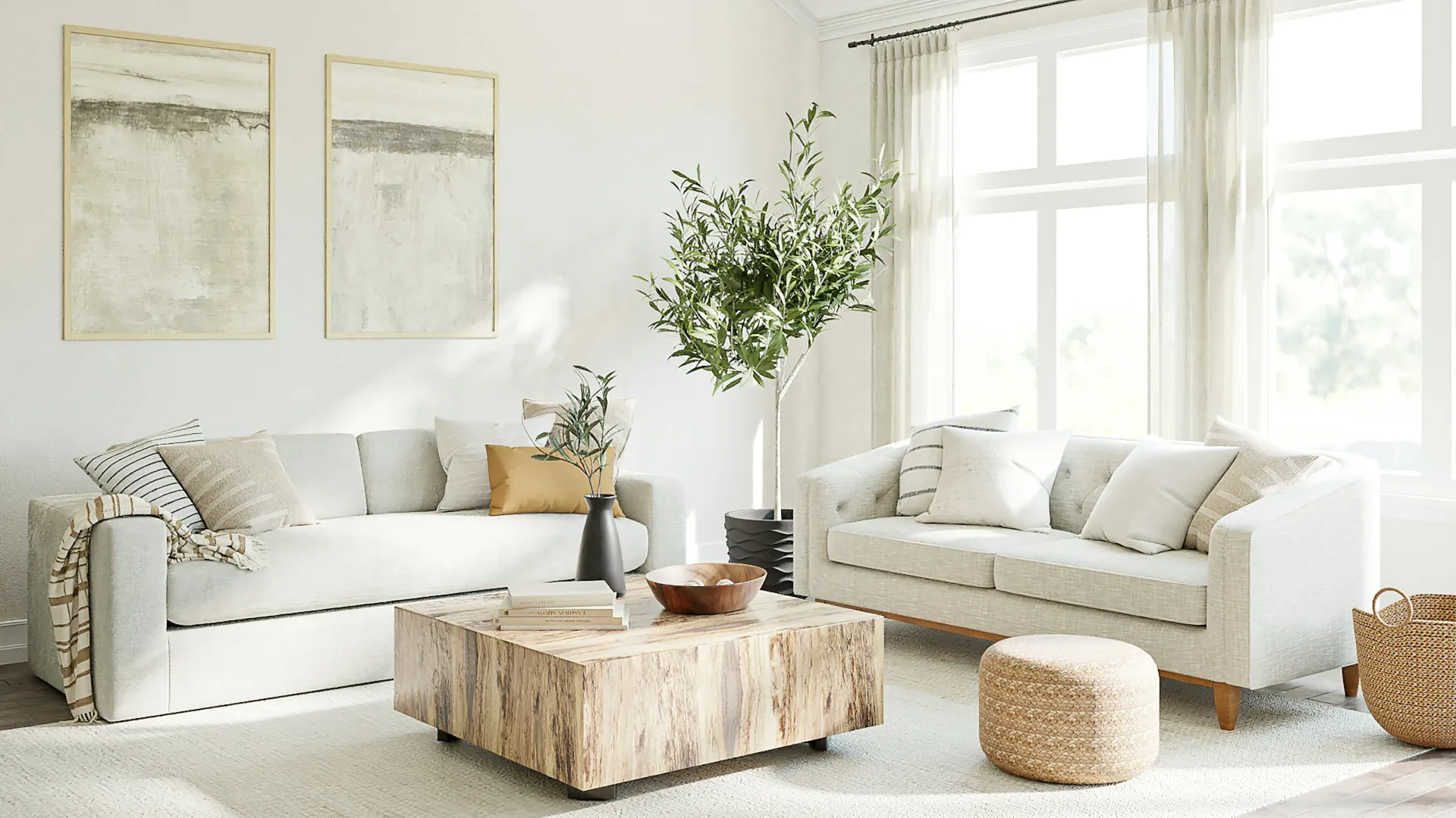 Bright modern living room with neutral sofas, wooden coffee table, green plants, and large window with sheer curtains