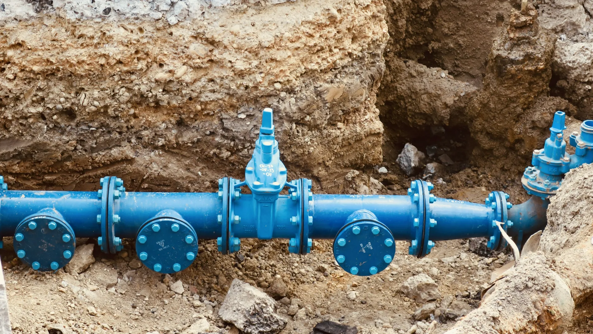 Blue underground water pipeline with valves installed in a trench surrounded by soil and rocks.