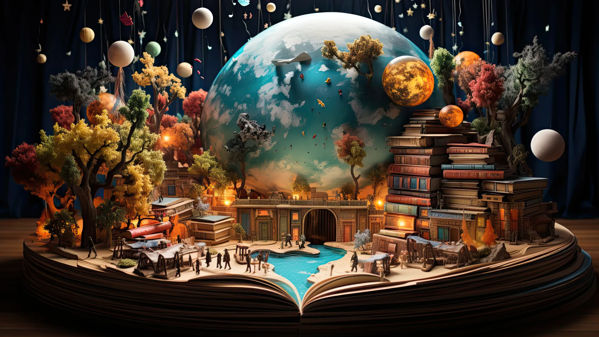 Open book with a vibrant 3D pop-up world featuring trees, planets, and miniature figures under a starry sky.