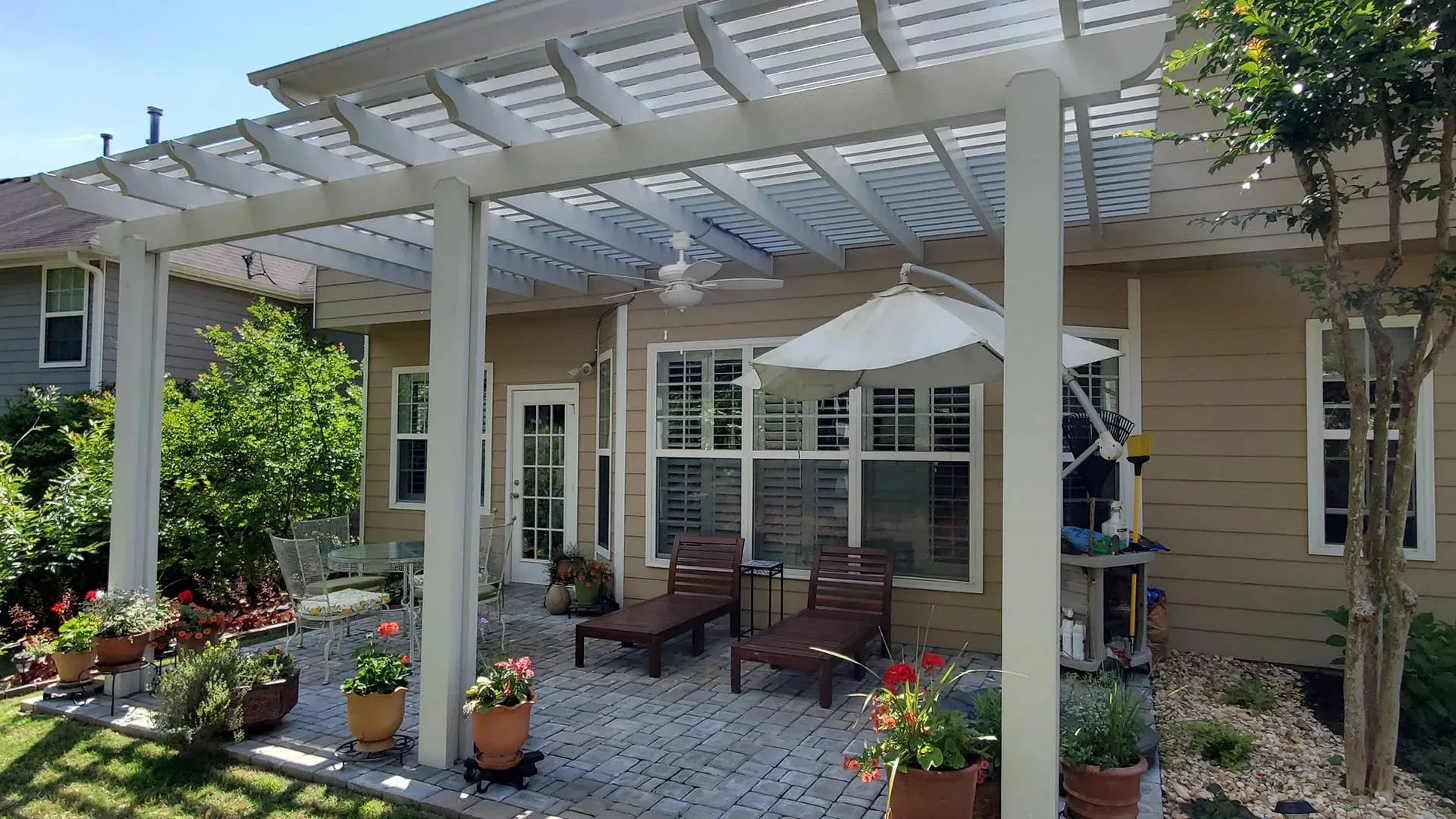 a patio with a covered patio