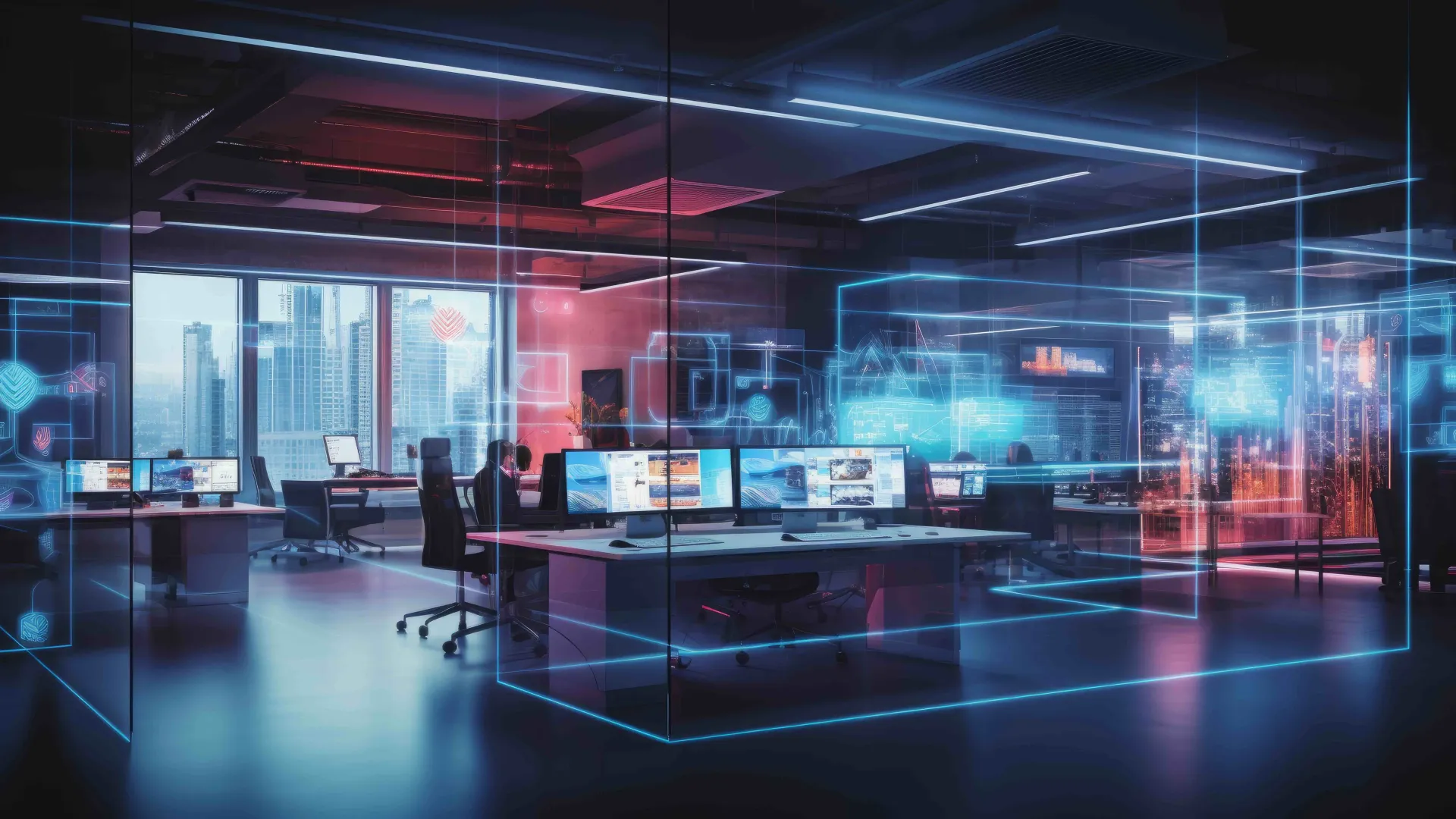 a room with a large glass wall and a table with computers on it