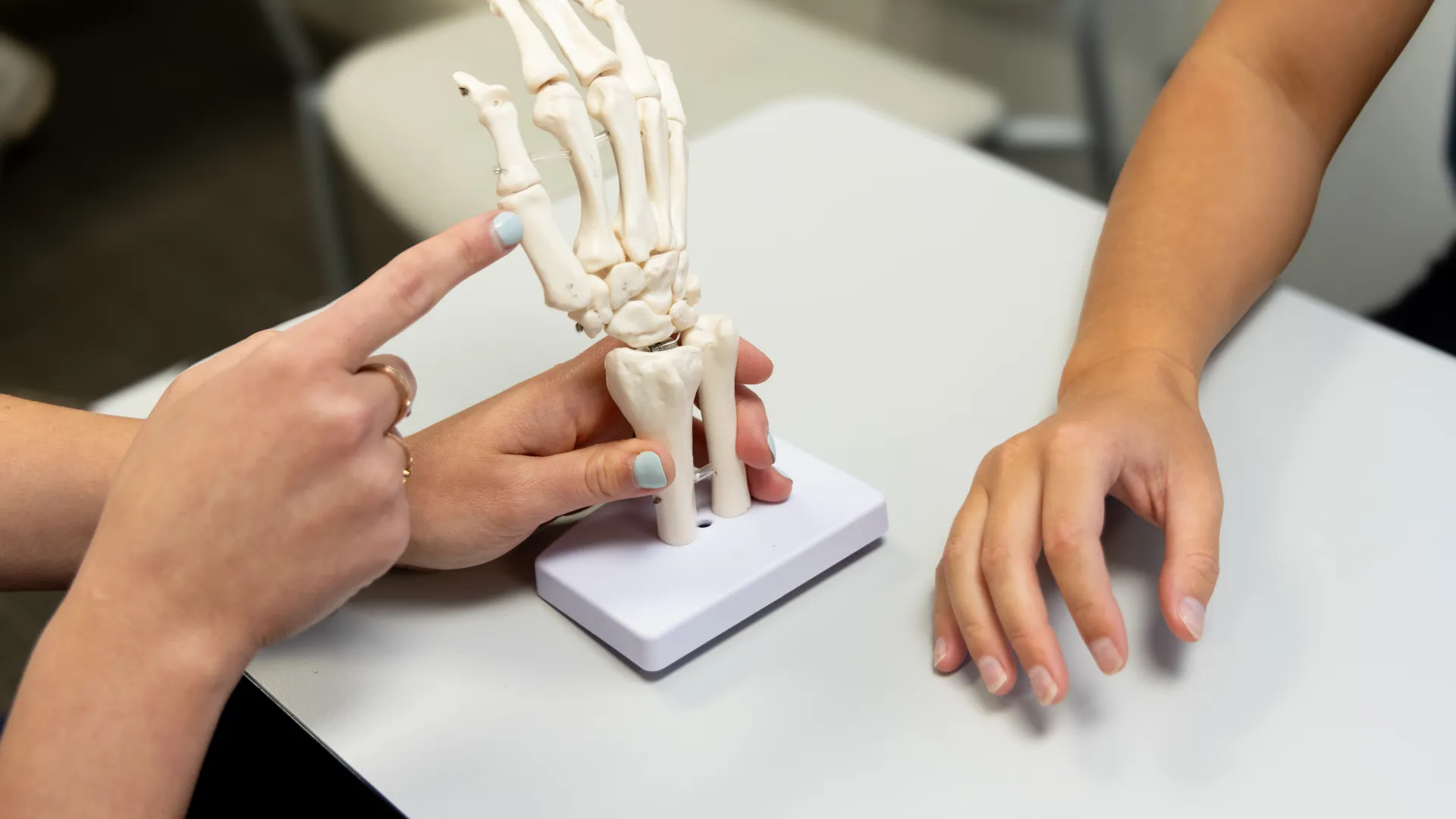 Hands examining a small skeletal model of a human hand on a white table in a clinical setting