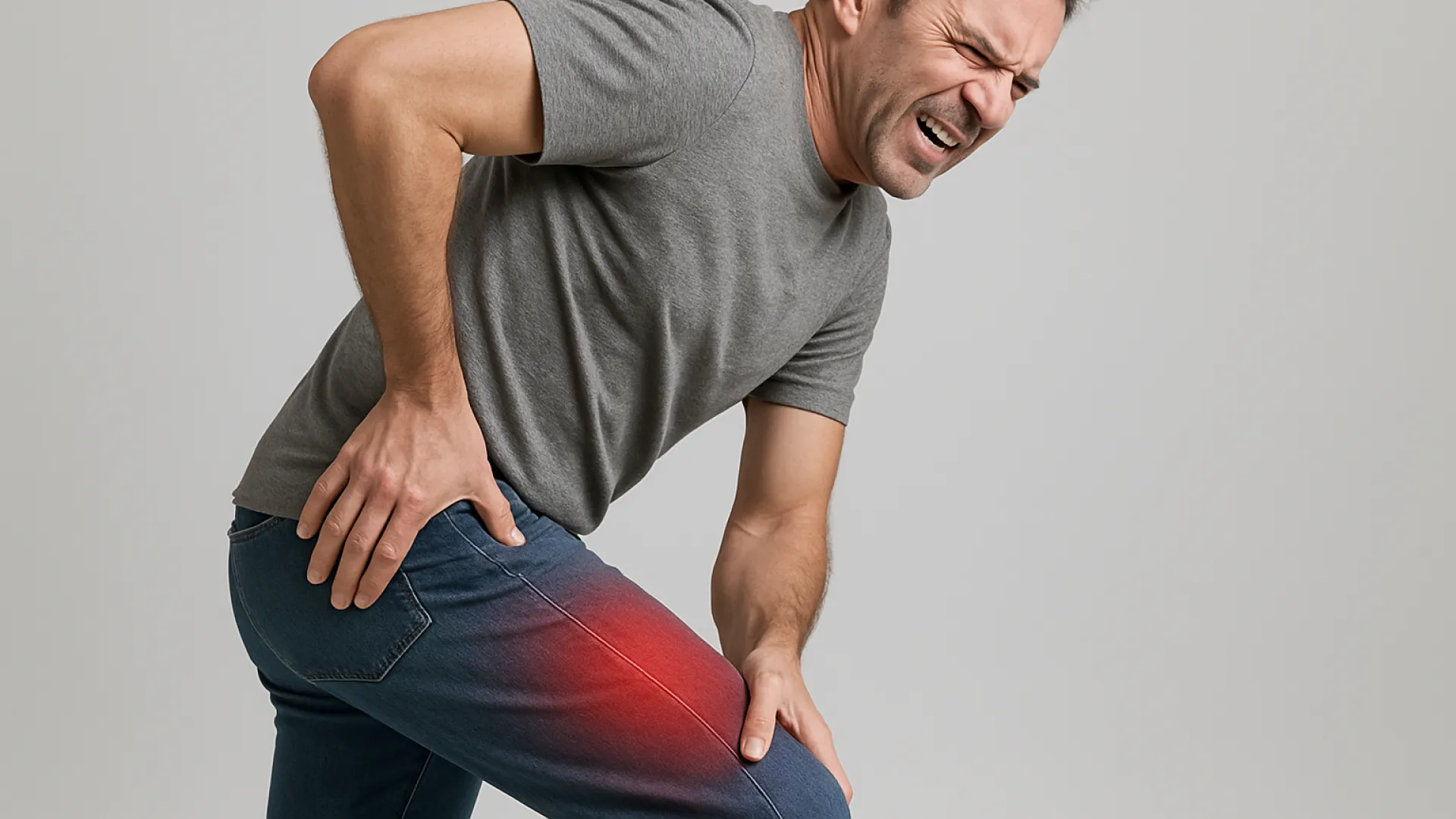 Man in gray shirt gripping his hip and thigh in pain with red highlight on thigh indicating injury or pain.