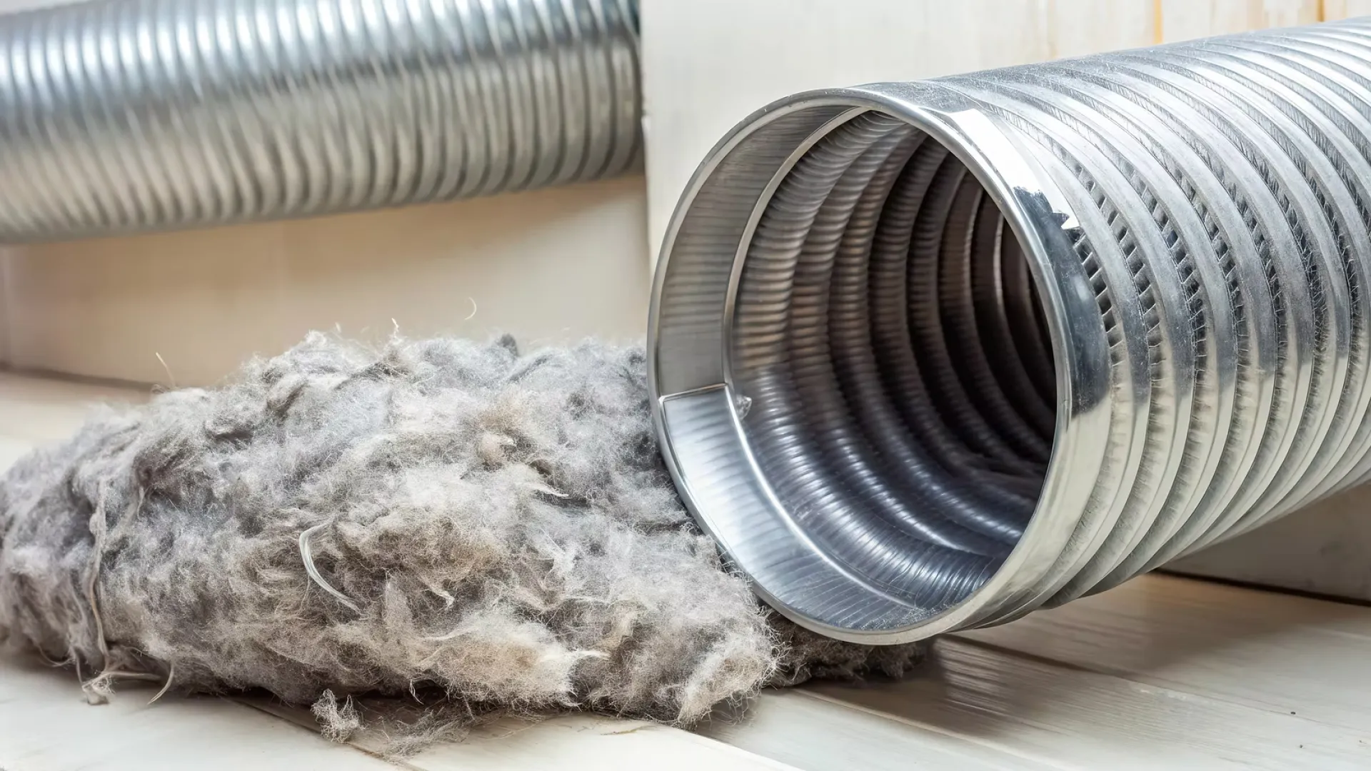 Metallic flexible duct with accumulated lint and dust on a wooden floor needing cleaning