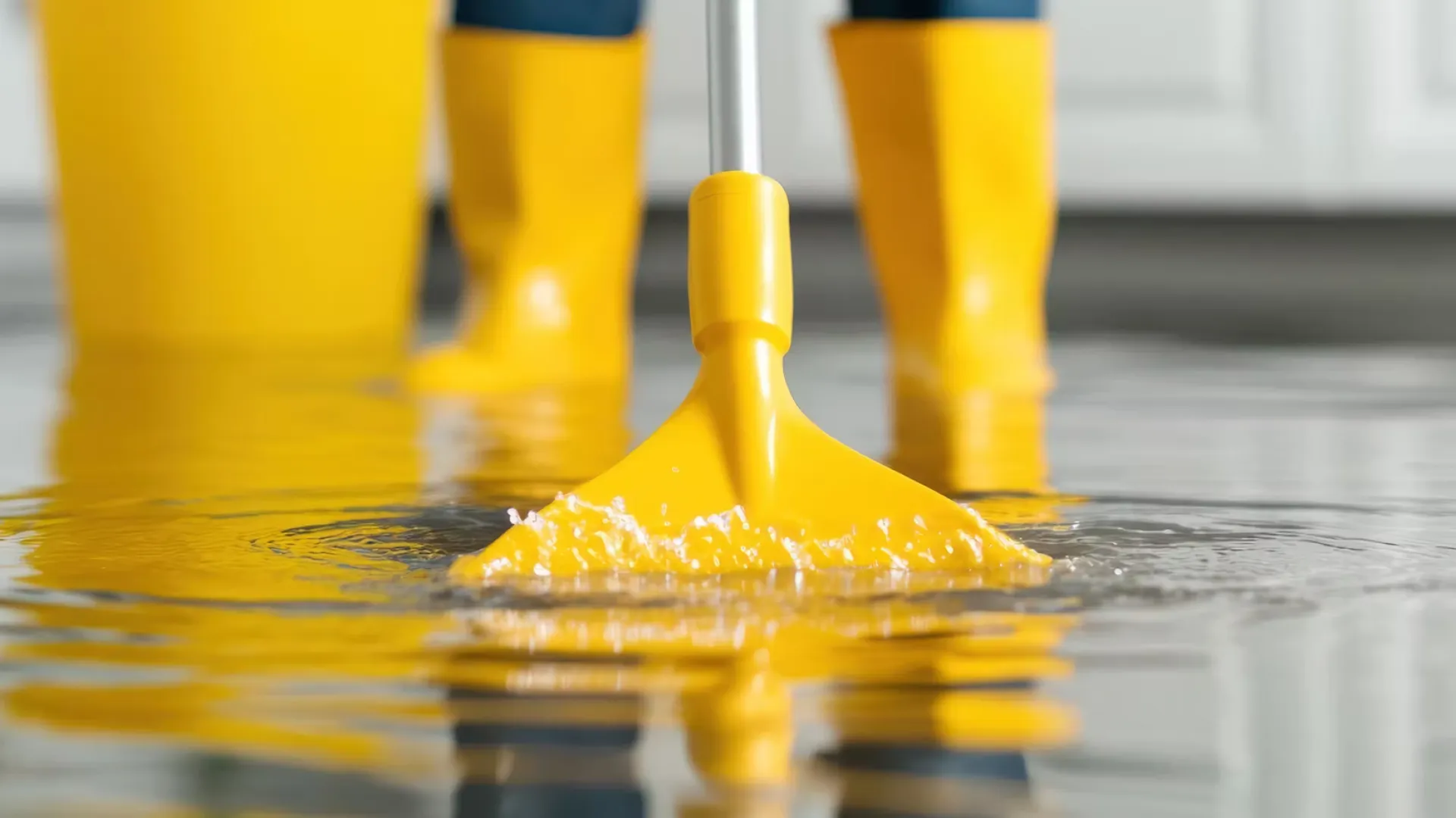 Yellow mop cleaning up water on floor with person wearing yellow boots in the background.