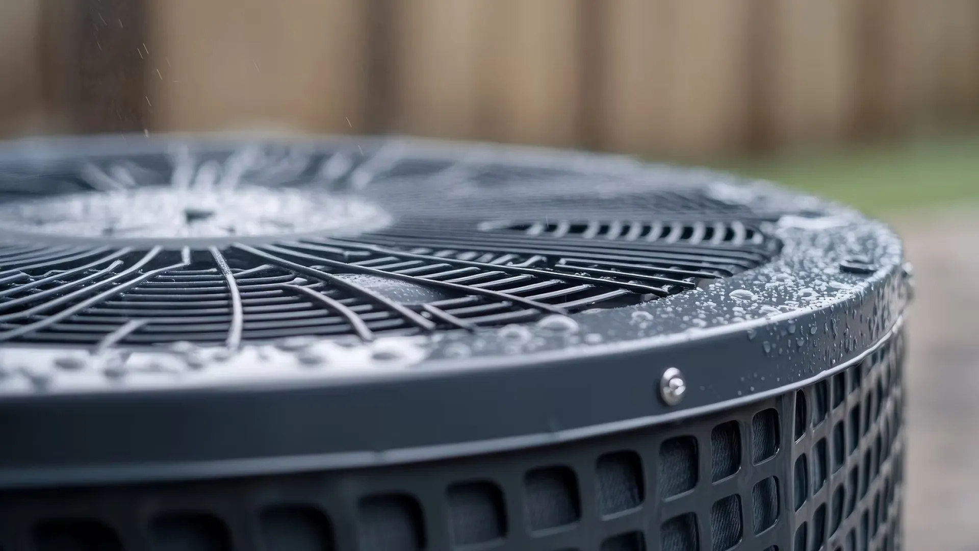 Close-up of air conditioner unit outdoor fan with water droplets on metal surface after rain