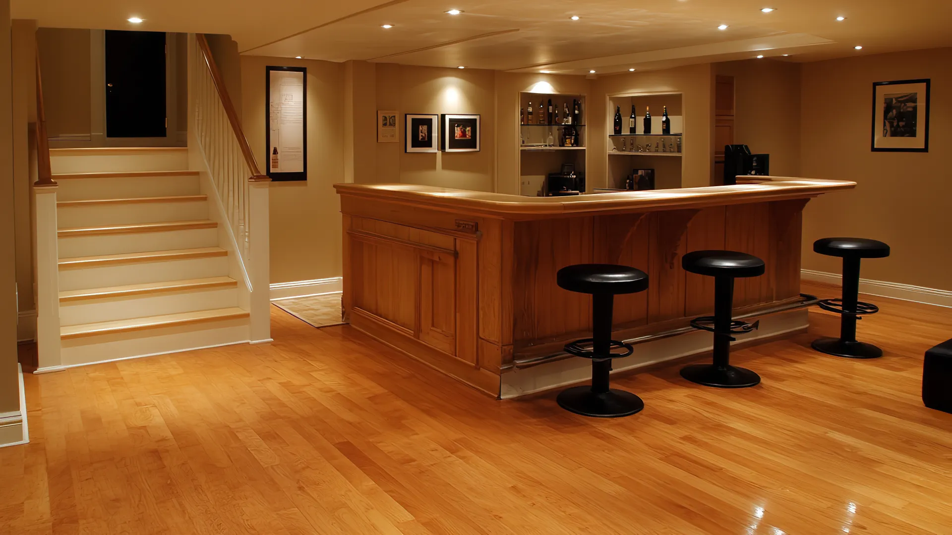 Cozy home bar with wooden flooring, a wooden counter, black stools, and warm ceiling lights in a finished basement.