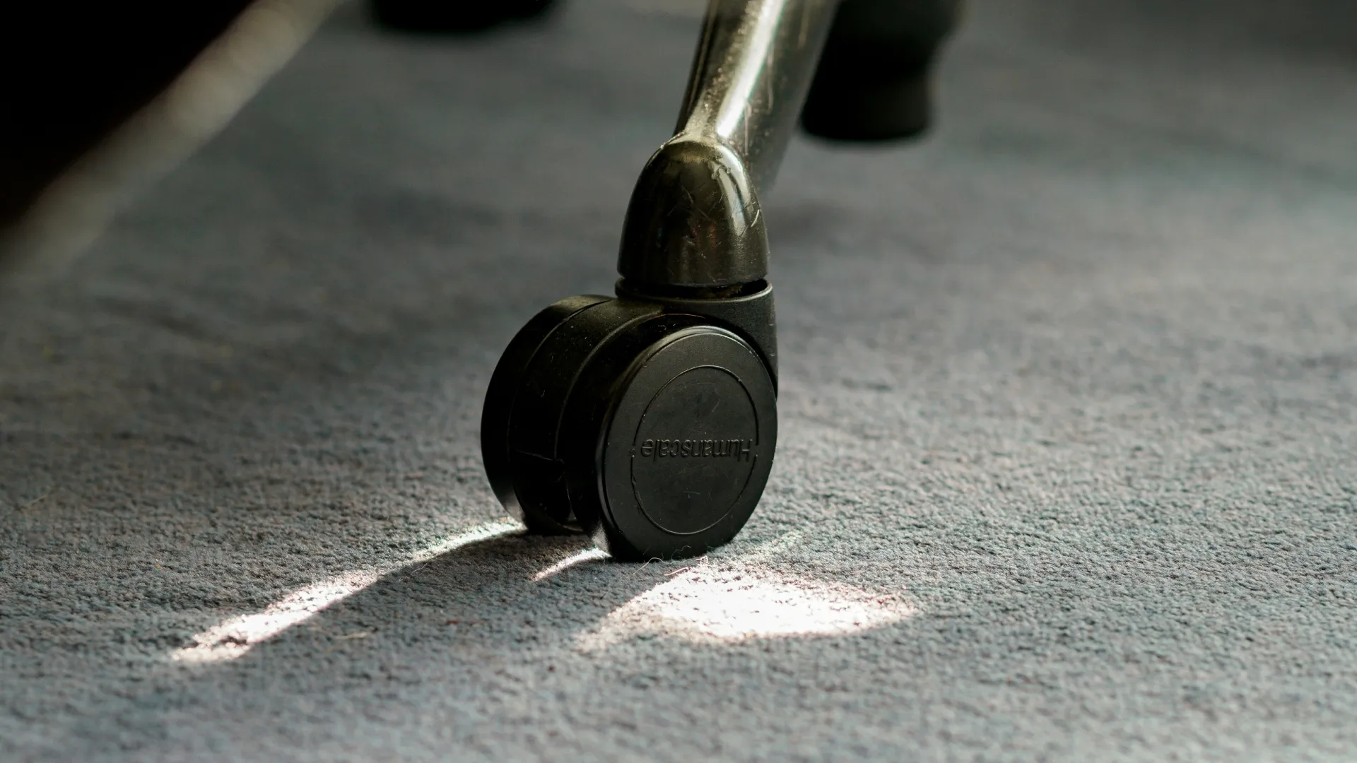 Close-up of a black office chair wheel on a carpeted floor with sunlight casting shadows